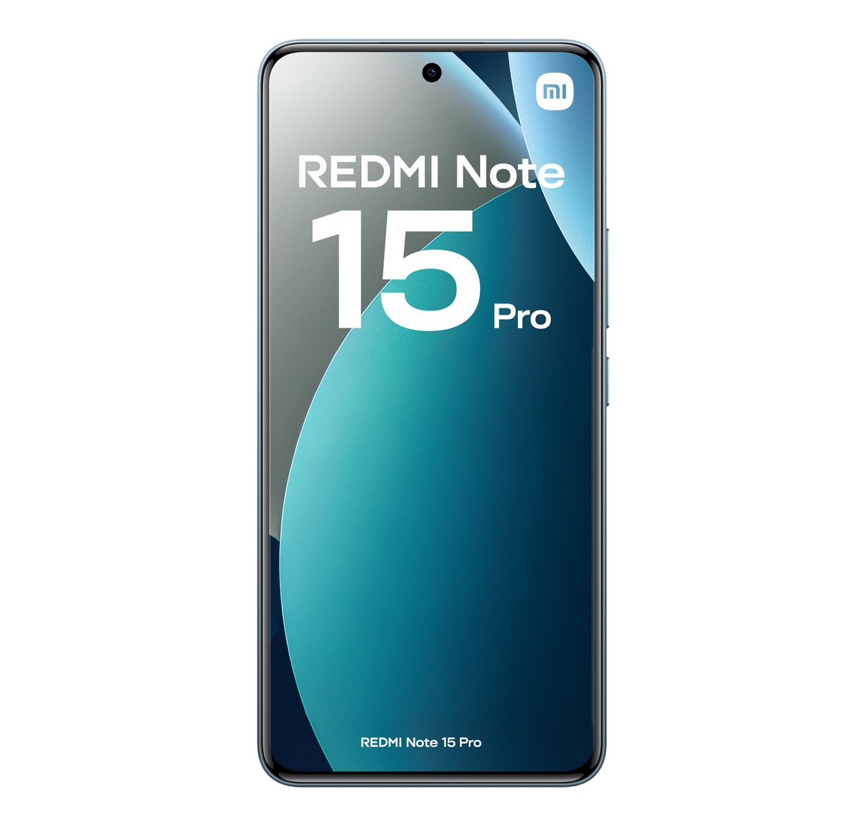 Een smartphone met de tekst Redmi Note 15 Pro en een blauwgroene achtergrond.