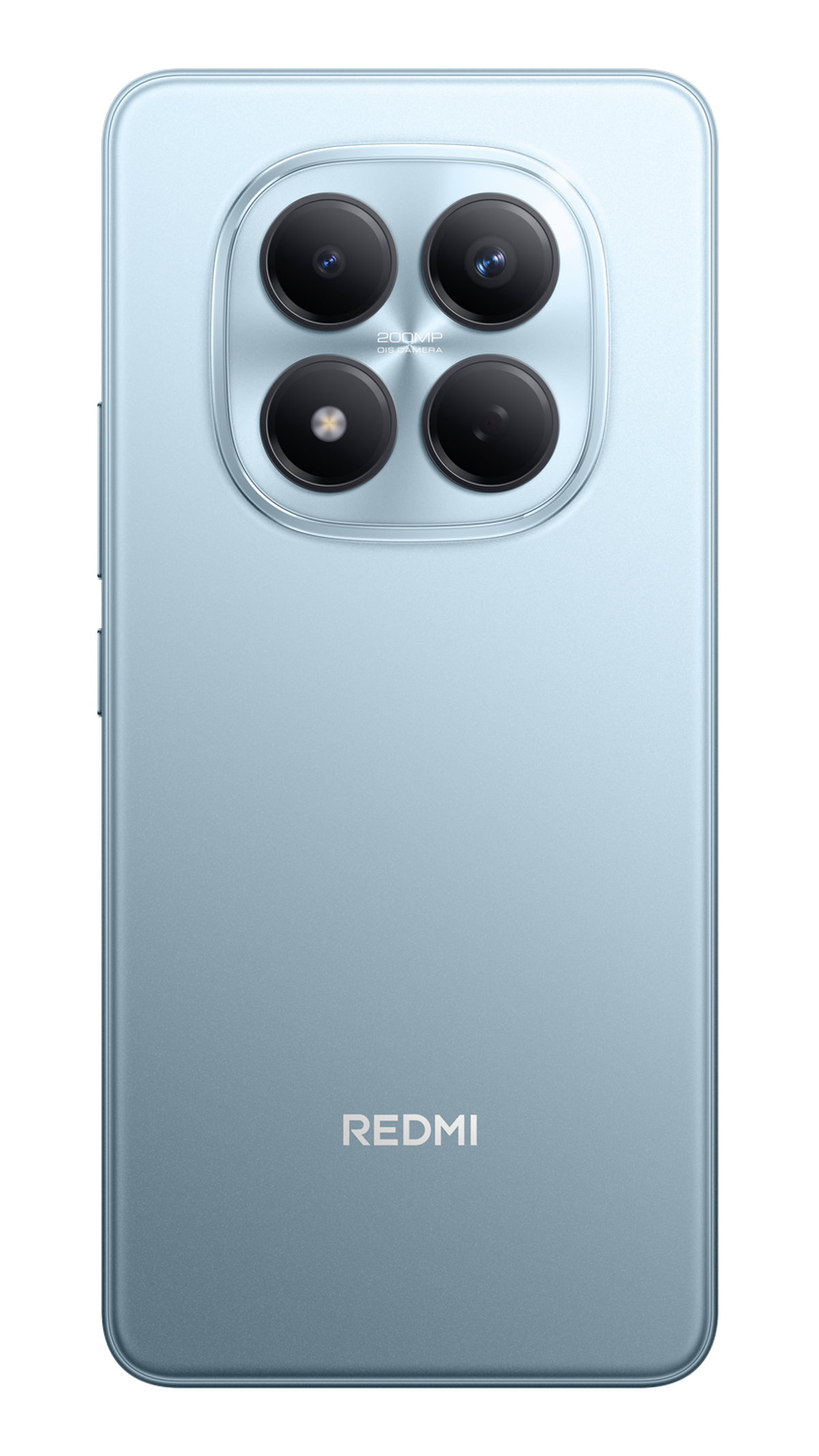 Lichtblauwe Redmi telefoon achterkant met quad camera setup en 200MP OIS Camera tekst.