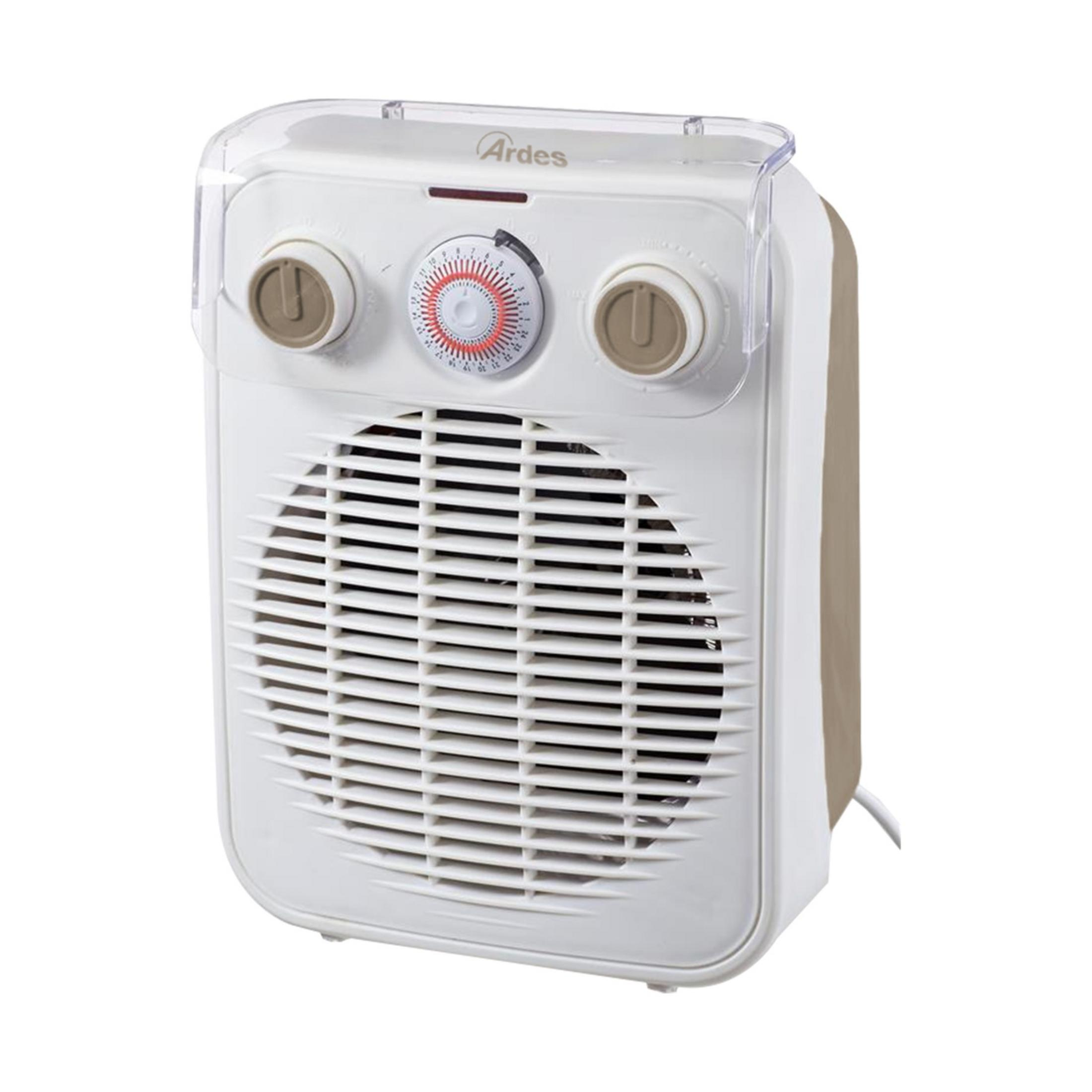Biały grzejnik wentylatorowy z timerem i pokrętłami.