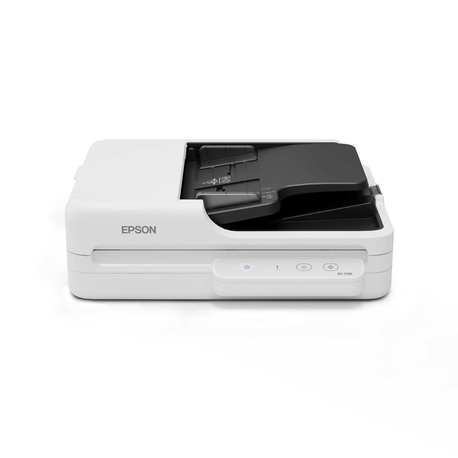 Een witte Epson DS-1730 scanner met open invoerlade en bedieningspaneel.