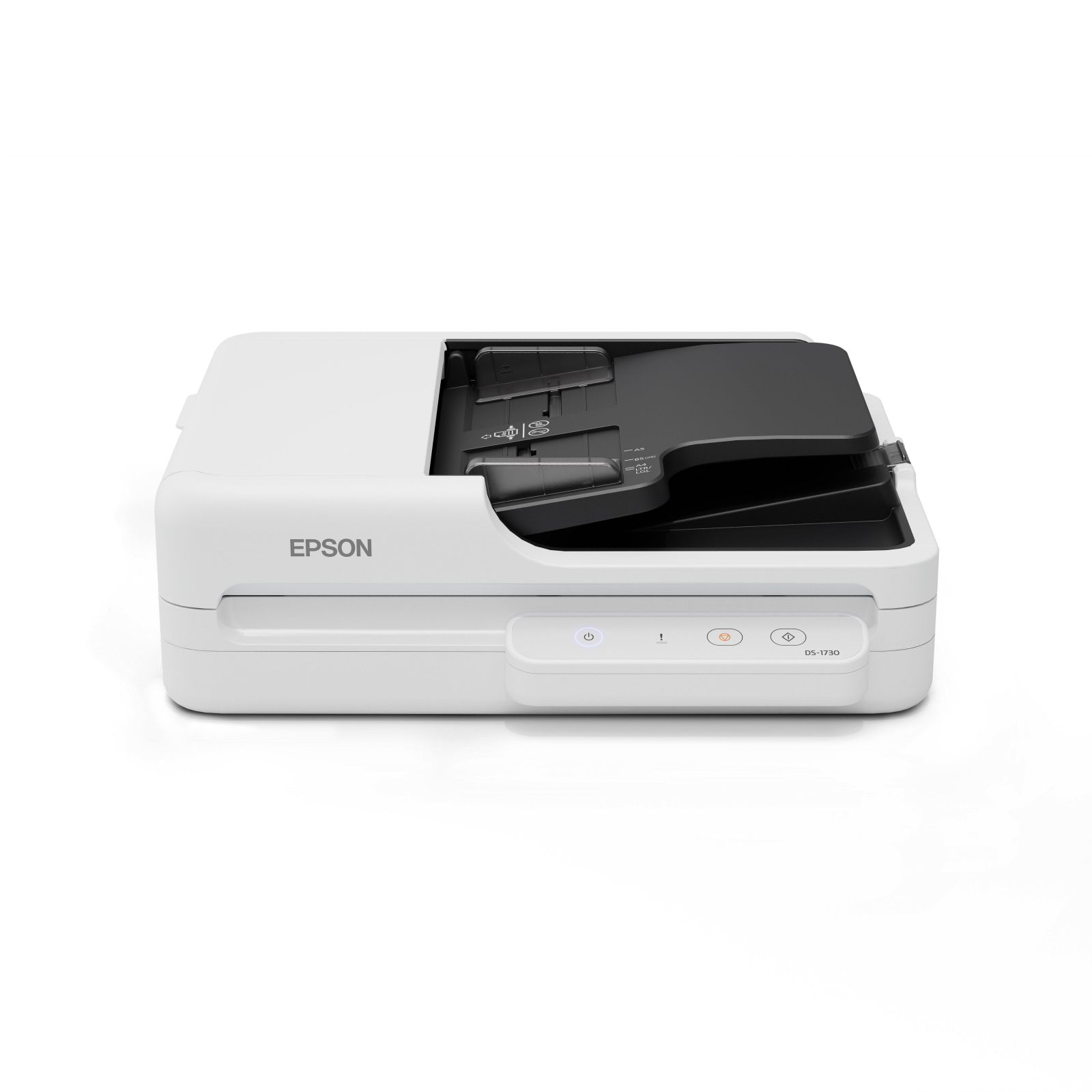 Een witte Epson DS-1730 scanner met open ADF en bedieningspaneel.