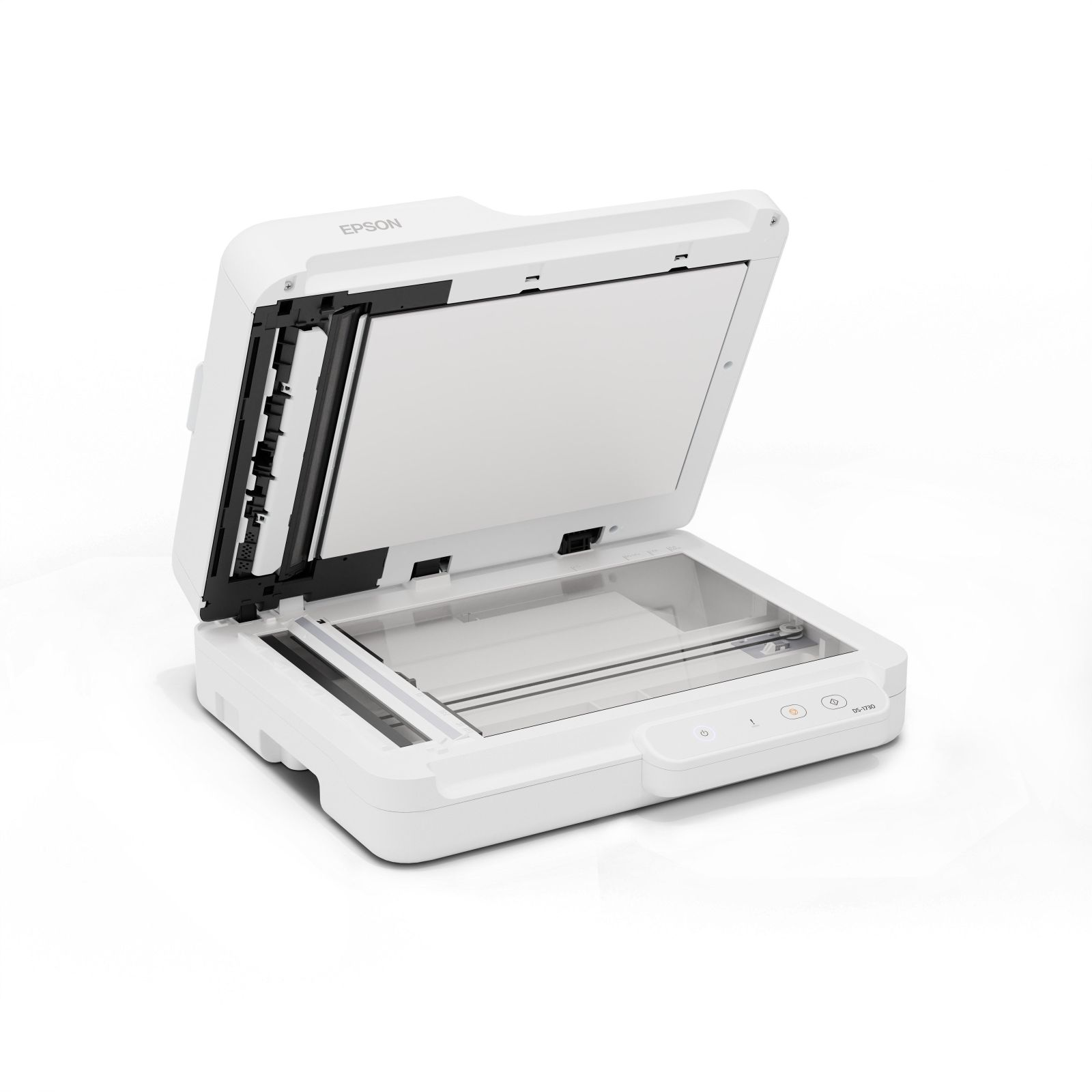 Een open witte Epson flatbed scanner met het deksel schuin omhoog.