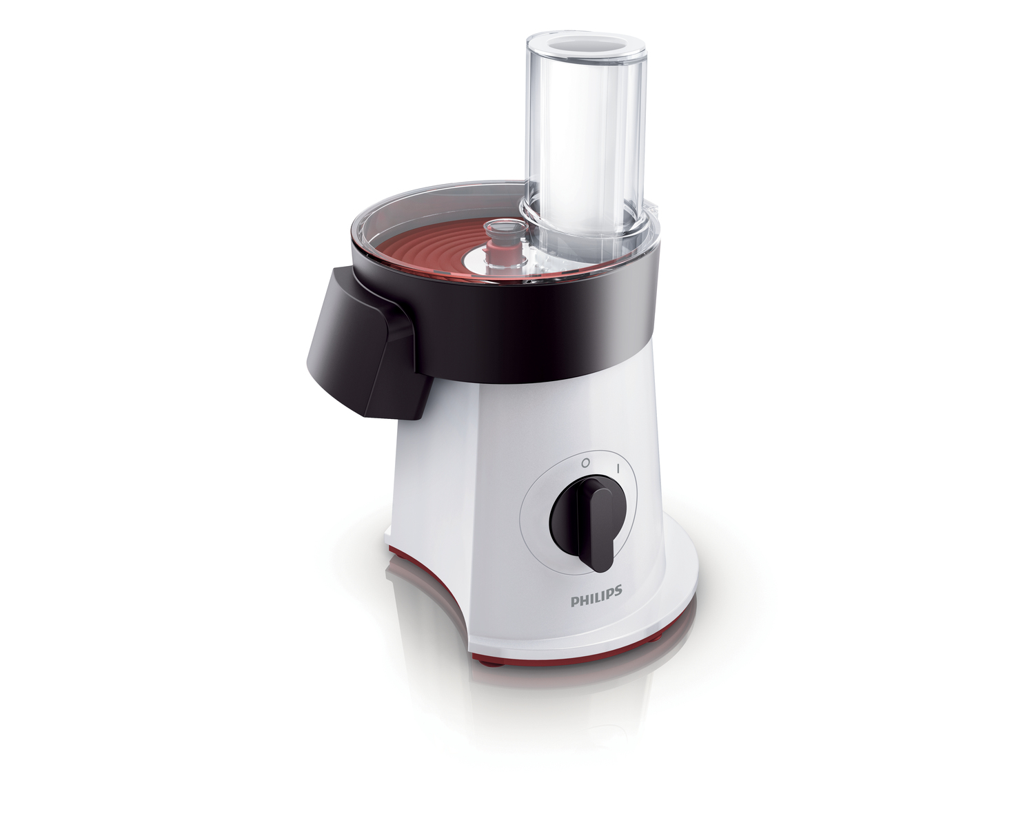 A white Philips food processor with a black handle and a clear lid.