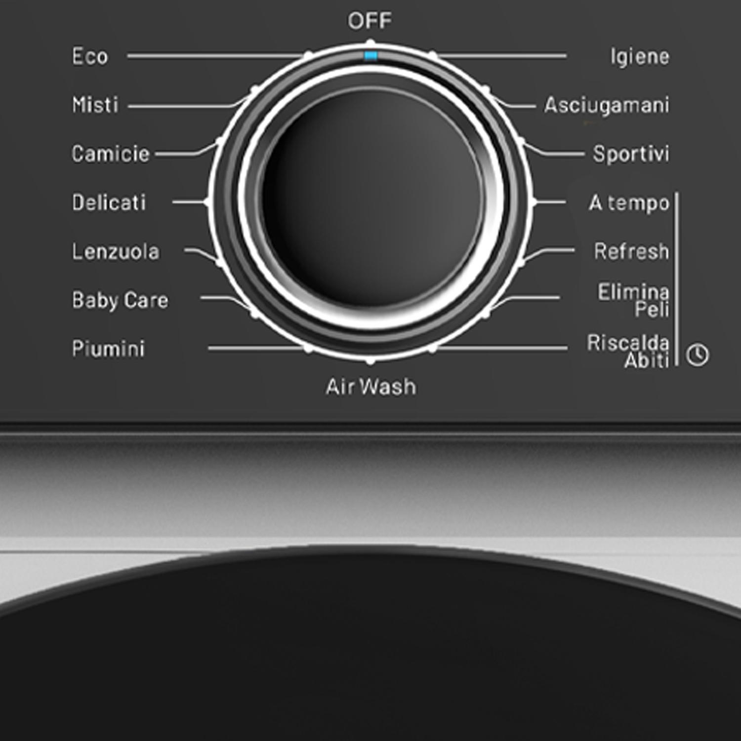 Pannello di controllo lavatrice con manopola per selezione programmi: OFF, Eco, Misti, Camicie, Delicati, Lenzuola, Baby Care, Piumini, Igiene, Asciugamani, Sportivi, A tempo, Refresh, Elimina Peli, Riscalda Abiti, Air Wash.