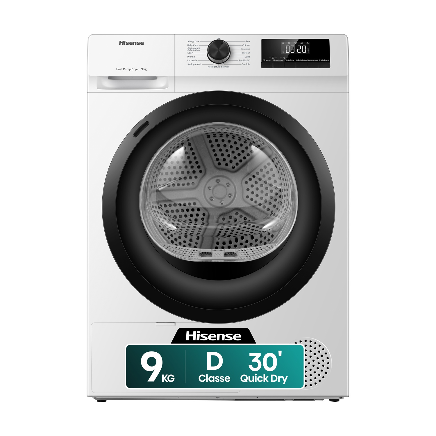 Asciugatrice Hisense bianca con pompa di calore, porta e display neri. 9kg.