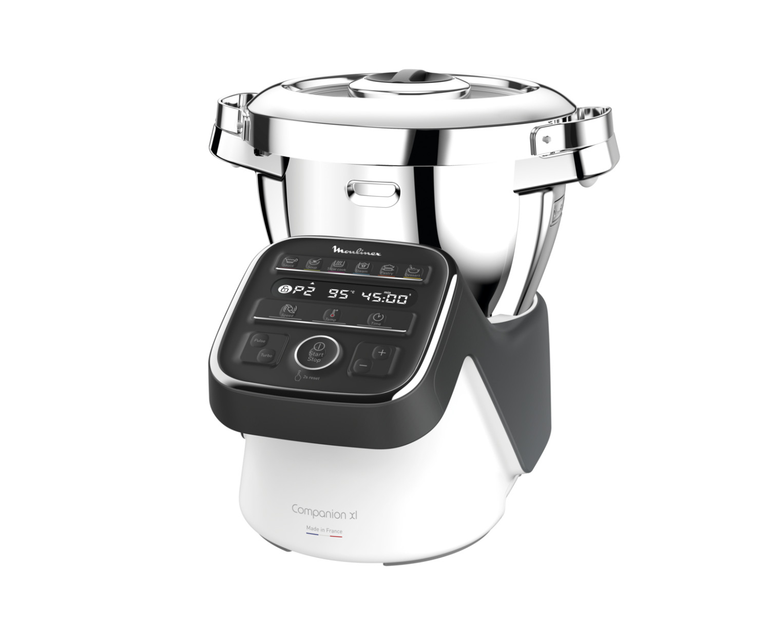Un robot da cucina Moulinex argentato con display touchscreen su sfondo bianco.