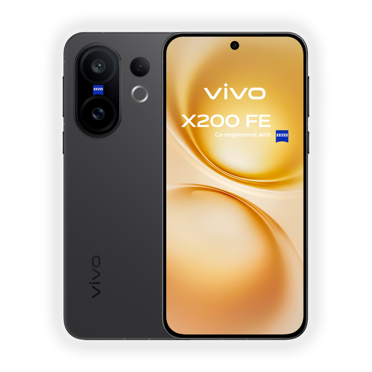 Ciemny smartfon Vivo X200 FE z aparatem Zeiss i złotym wyświetlaczem.