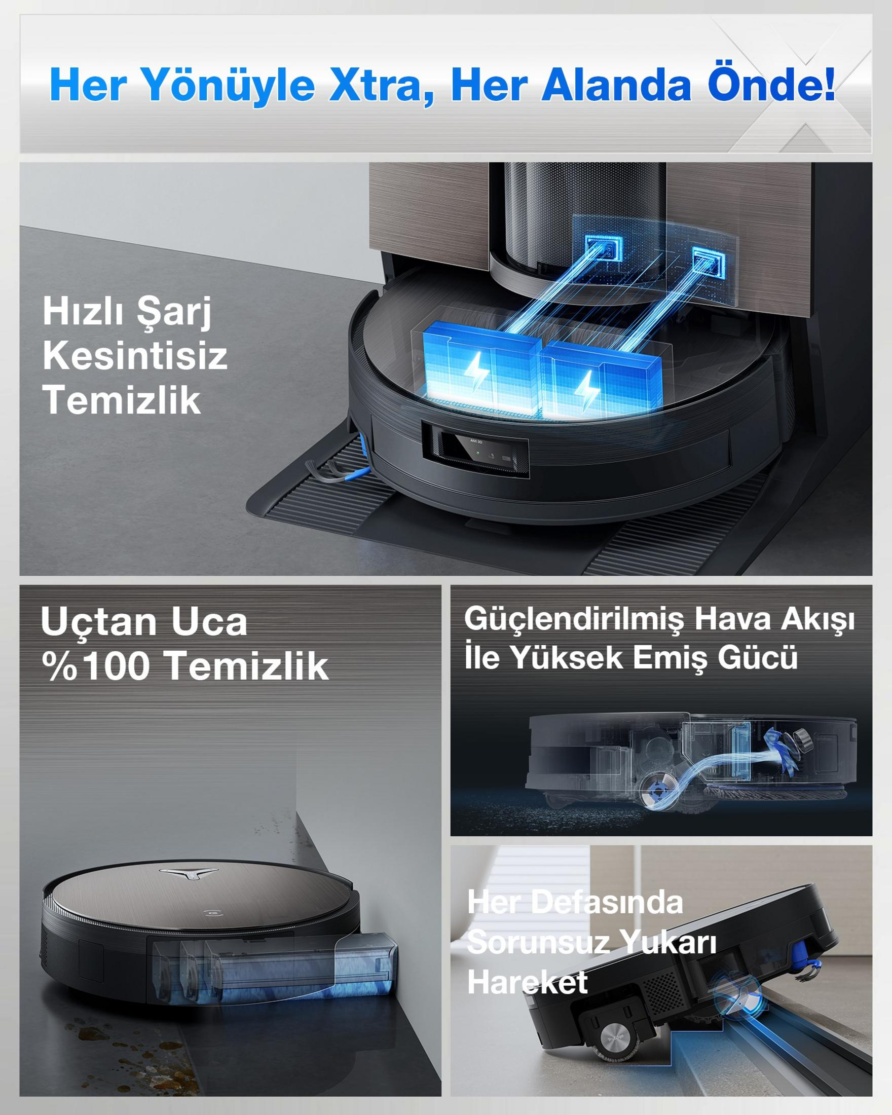 Robot sprzątający ze stacją ładującą, czyści podłogi i pokonuje przeszkody.