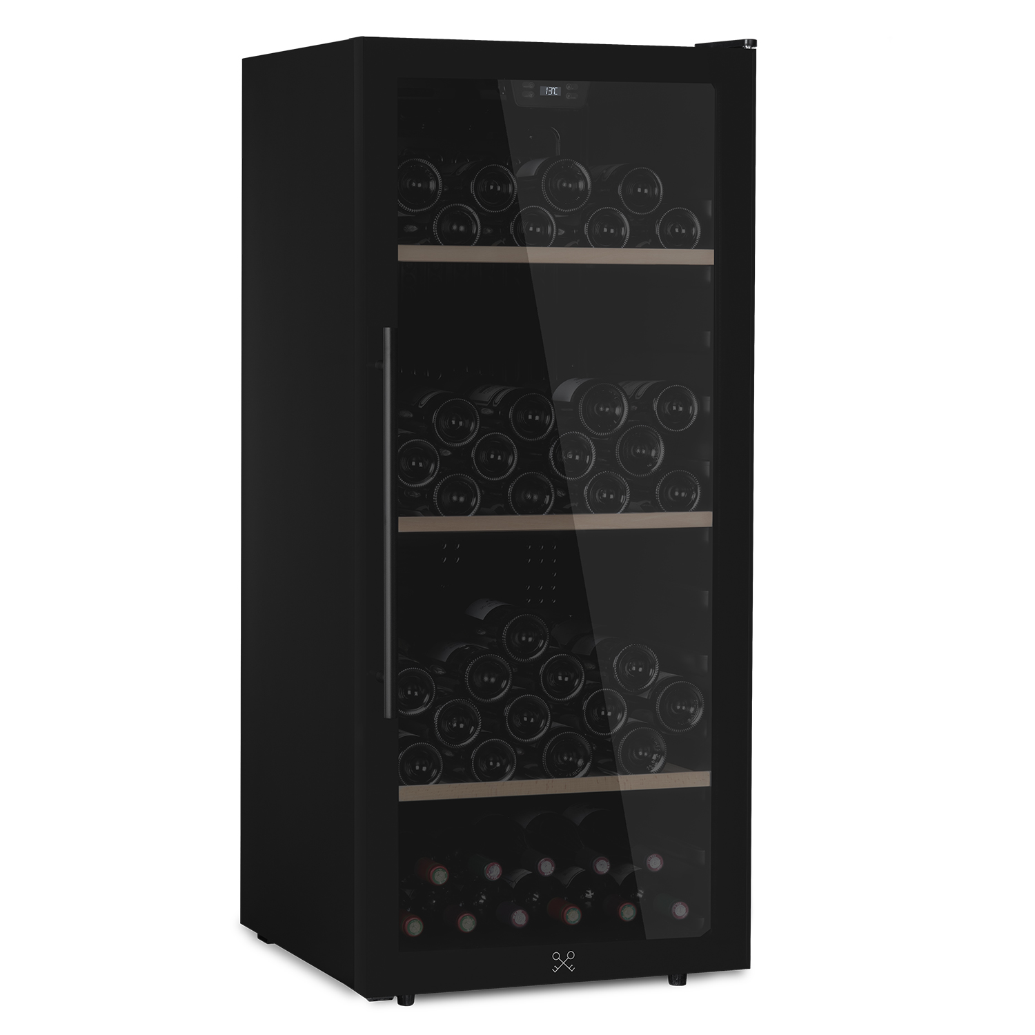 Schwarzer Weinkühlschrank mit Glastür, gefüllt mit Weinflaschen auf Holzböden.
