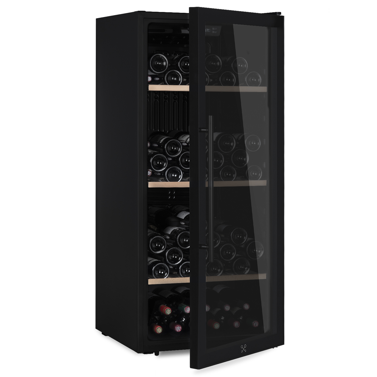 Schwarzer Weinkühlschrank mit Glastür, gefüllt mit Weinﬂaschen auf Holzböden.