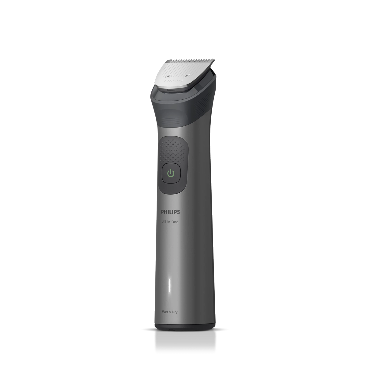 Szary trymer Philips All-in-One ze srebrną nasadką i zielonym przyciskiem zasilania.