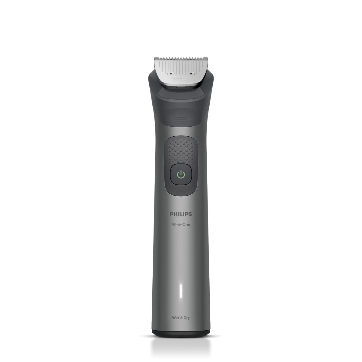Szary trymer Philips All-in-One ze srebrną głowicą i przyciskiem zasilania.