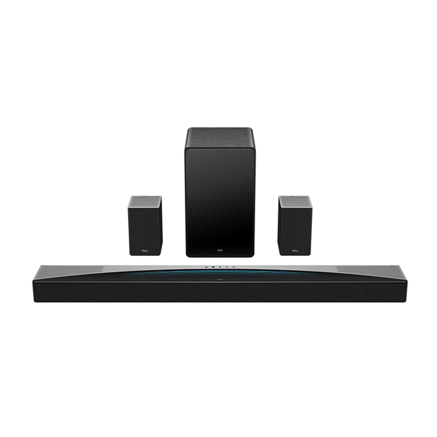 Czarny system audio z soundbarem, subwooferem i dwoma głośnikami.