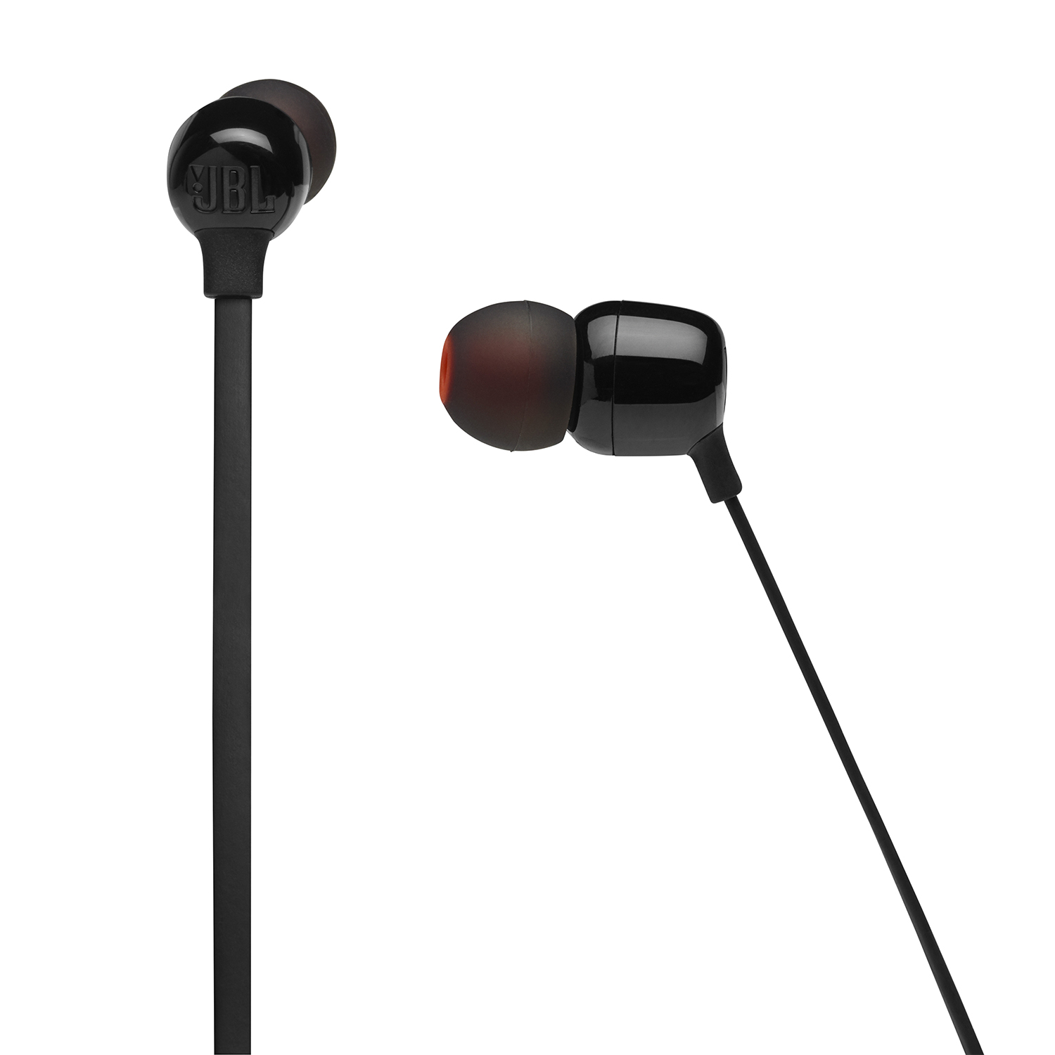 Schwarze JBL-Kopfhörer mit roten Ohrstöpseln, auf weißem Hintergrund.