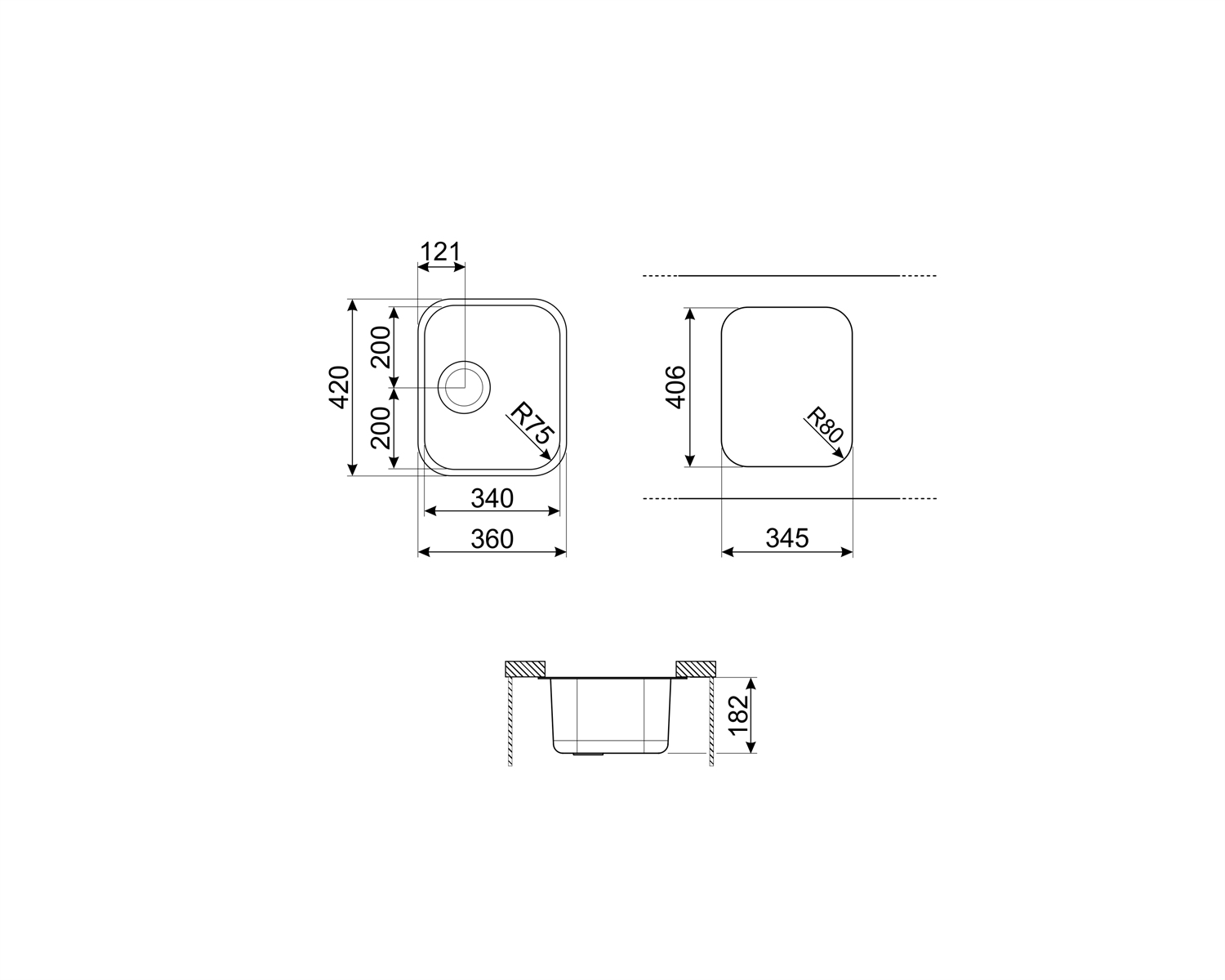 Dibujo técnico de un fregadero con dimensiones.