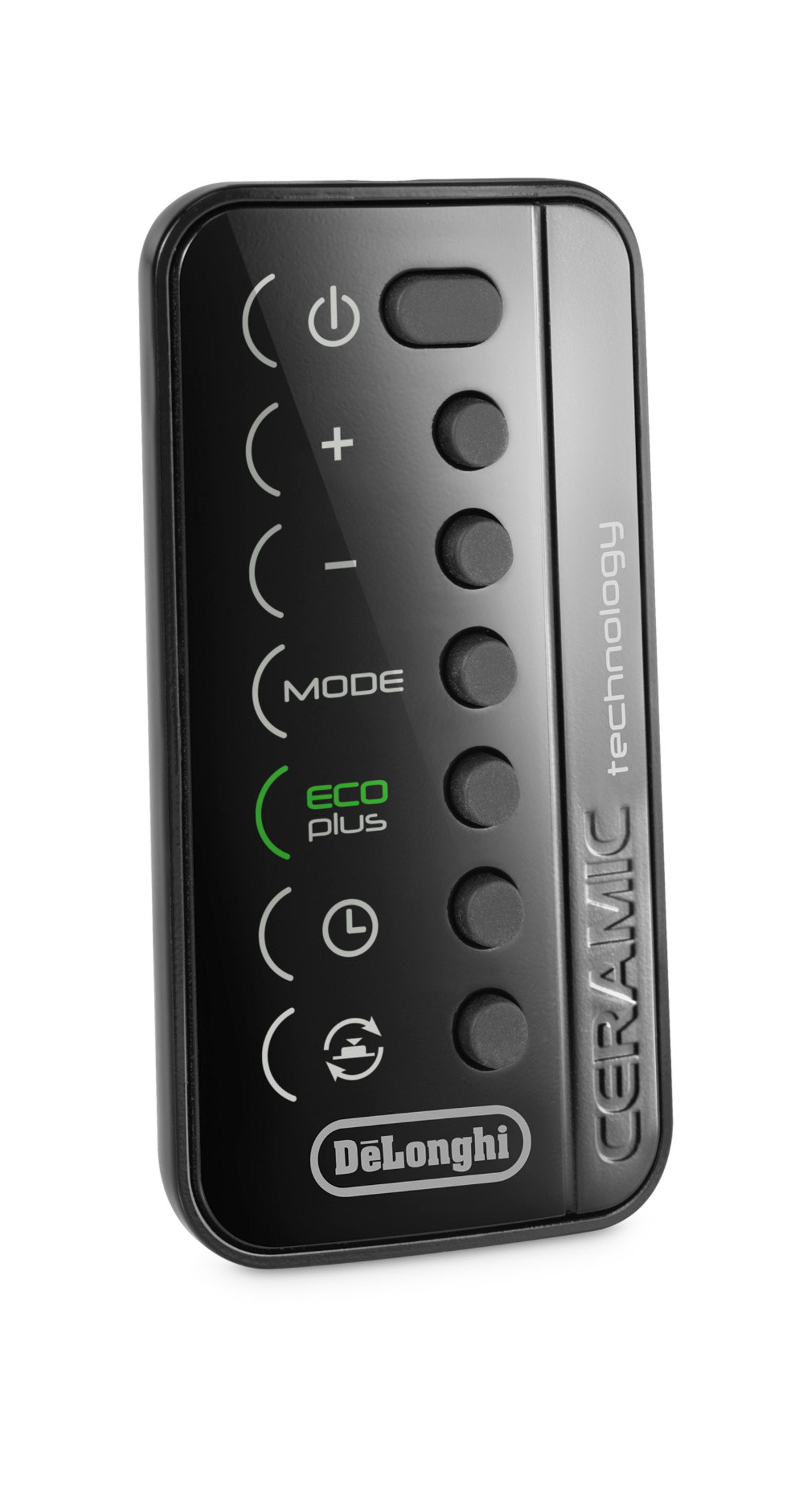 Czarny pilot DeLonghi z przyciskami zasilania, trybu, eco, timera i wentylatora. Napis technologia ceramiczna.