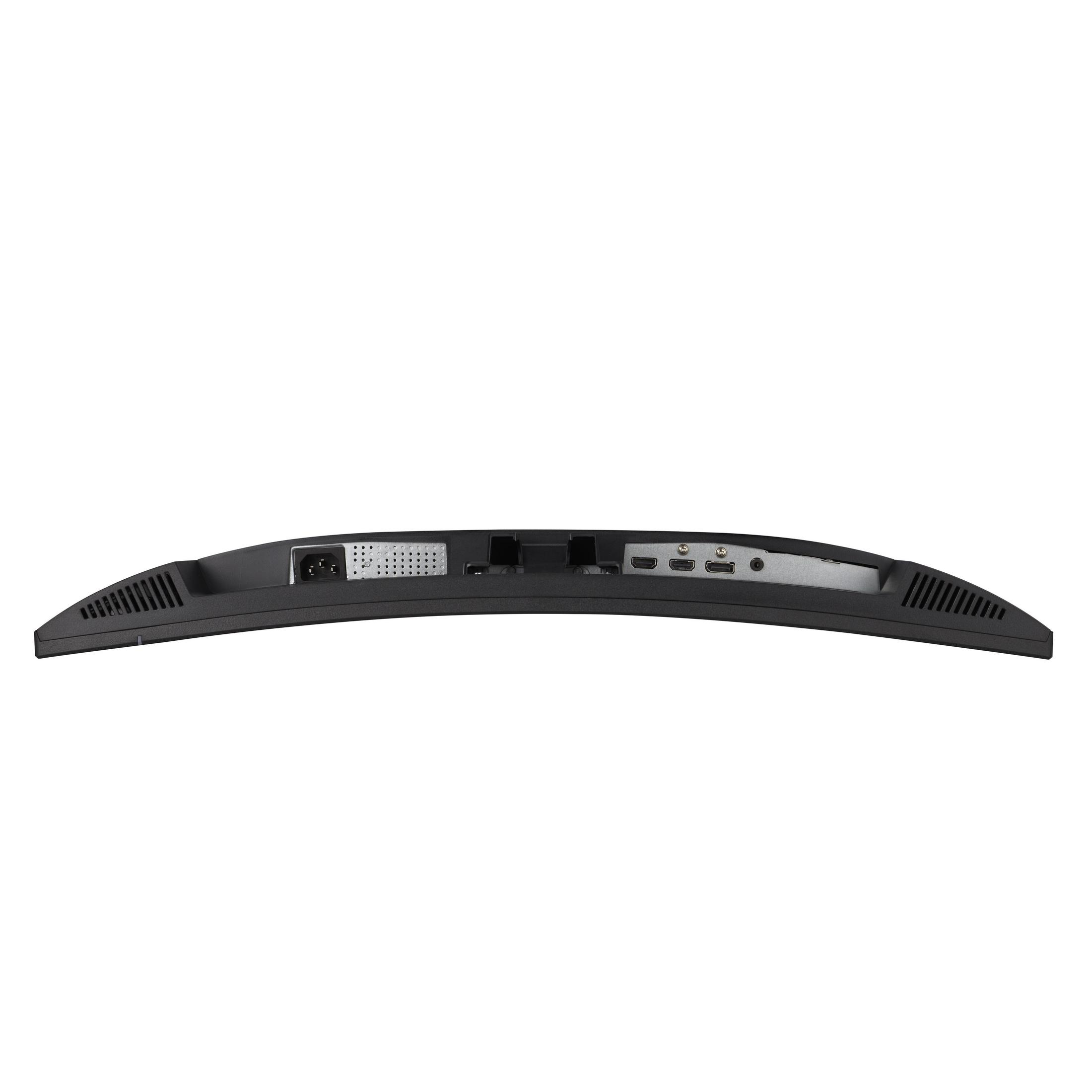 Rückseite eines gebogenen Monitors mit Anschlüssen: Strom, HDMI, USB.