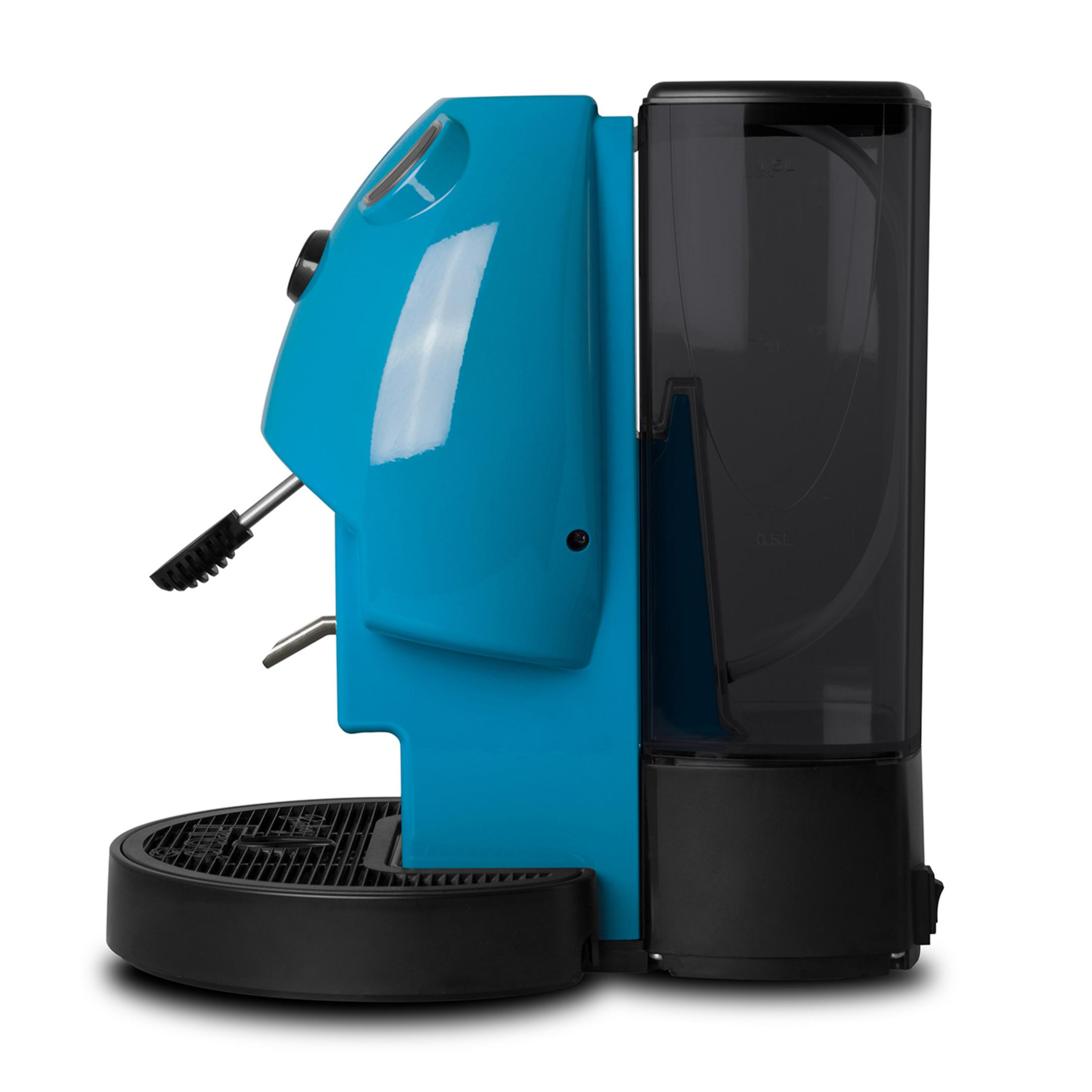A blue coffee machine with a black water tank and drip tray.