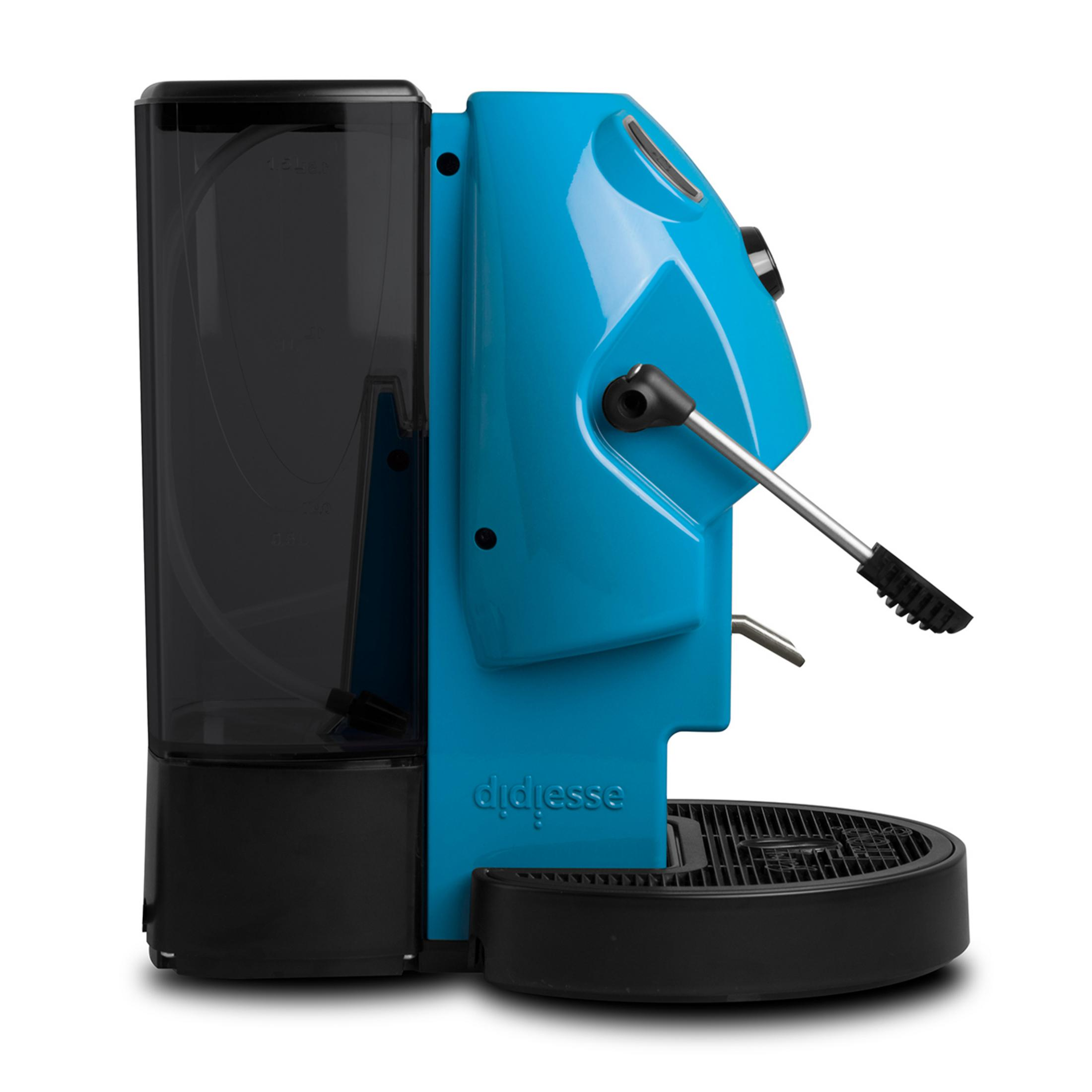 Blue coffee machine with a black water tank and drip tray.