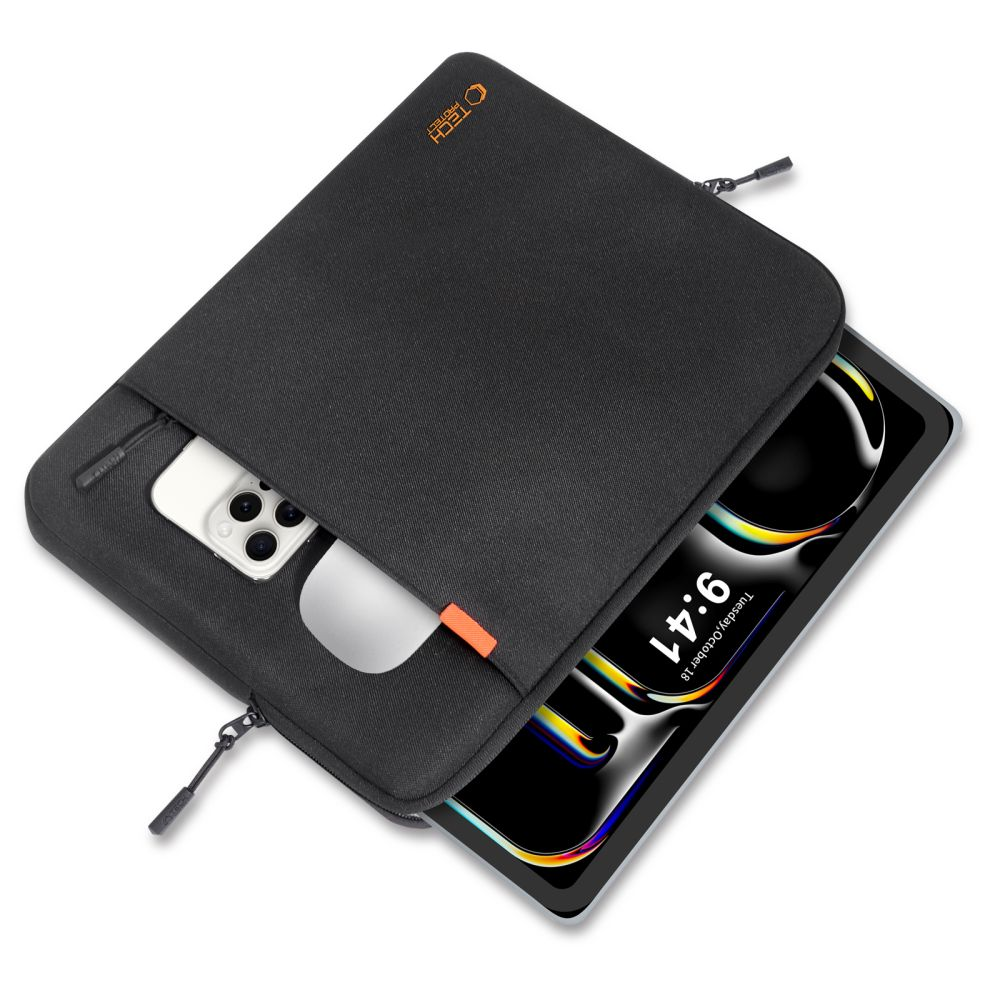 Schwarze Laptoptasche mit Handy und Tablet.