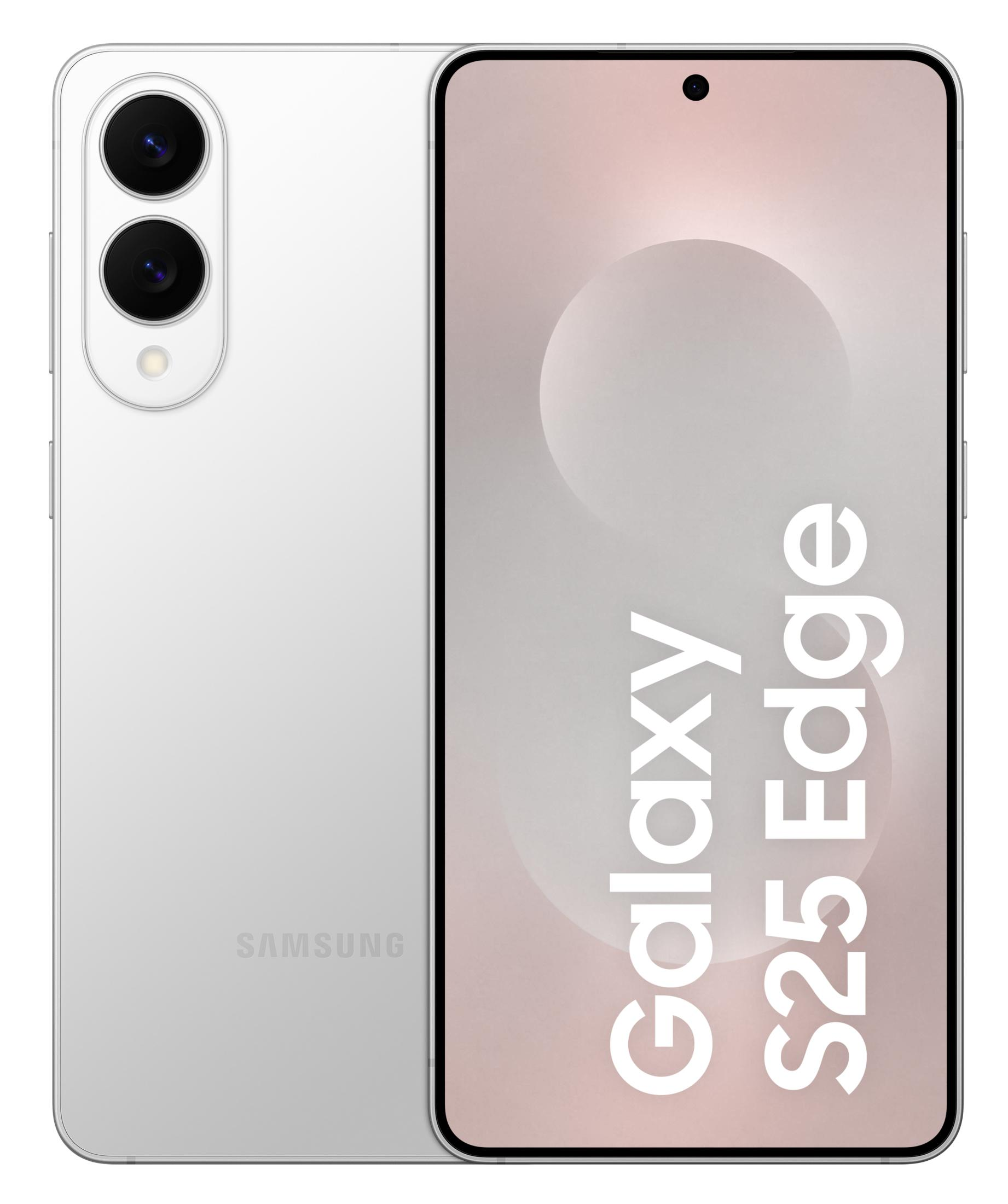 Biały smartfon Samsung Galaxy S25 Edge z podwójnym tylnym aparatem.