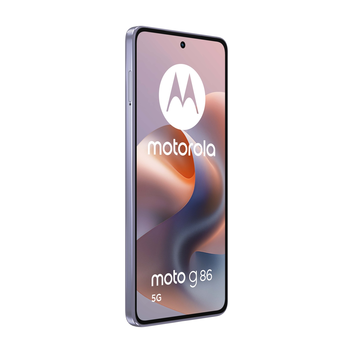 Fioletowy smartfon Motorola Moto G86 5G wyświetlający stylizowane logo na ekranie.
