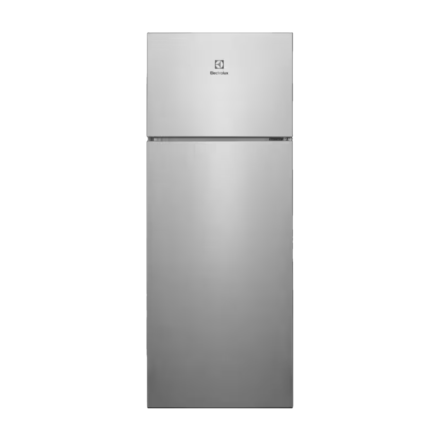Ein silberner Electrolux Kühlschrank mit zwei Türen, oben ein Gefrierfach.