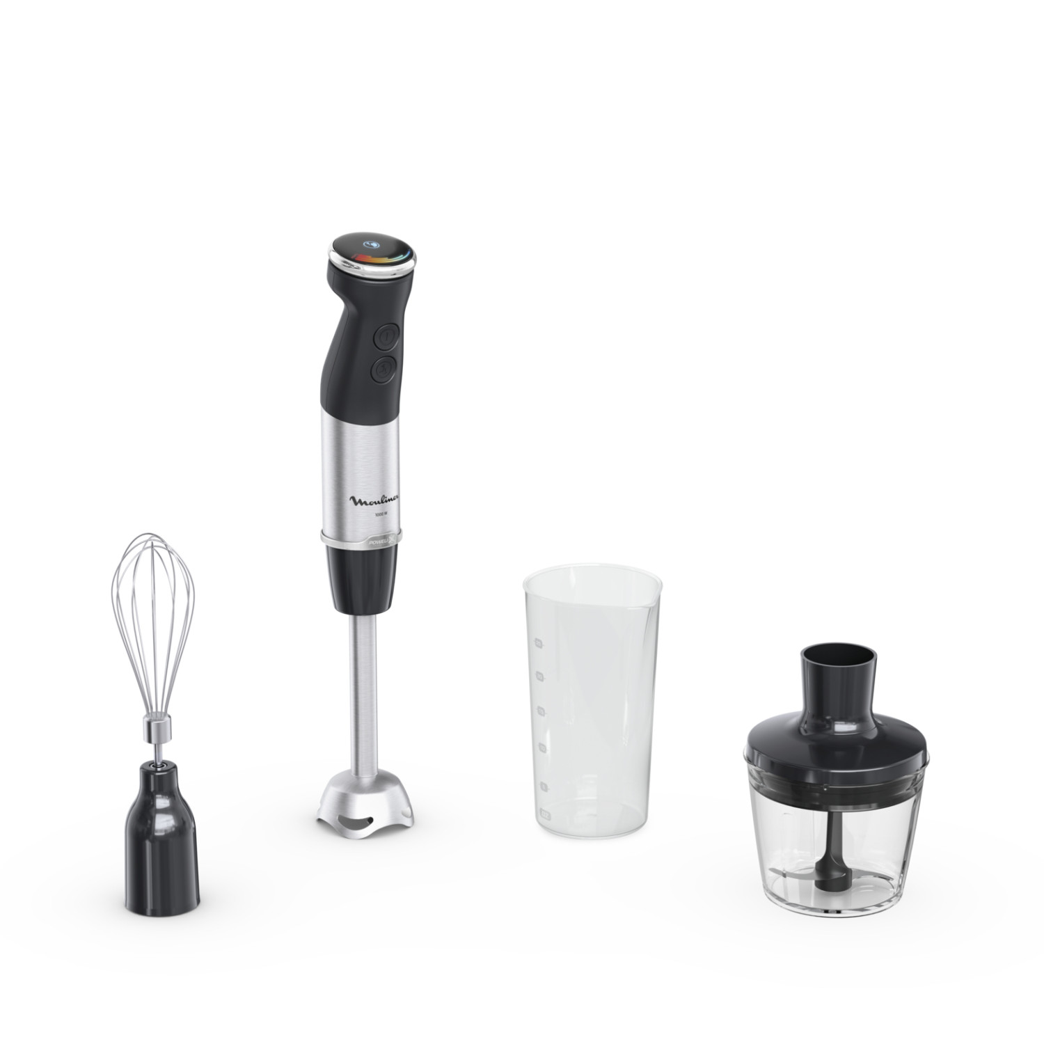 Stabmixer mit Schneebesen, Messbecher und kleinem Zerkleinerer.