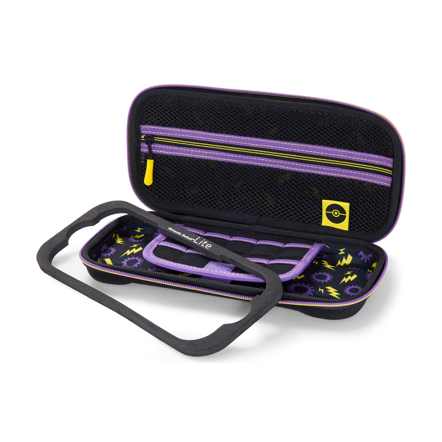 Custodia nera con accenti viola e gialli, aperta con inserto in schiuma.