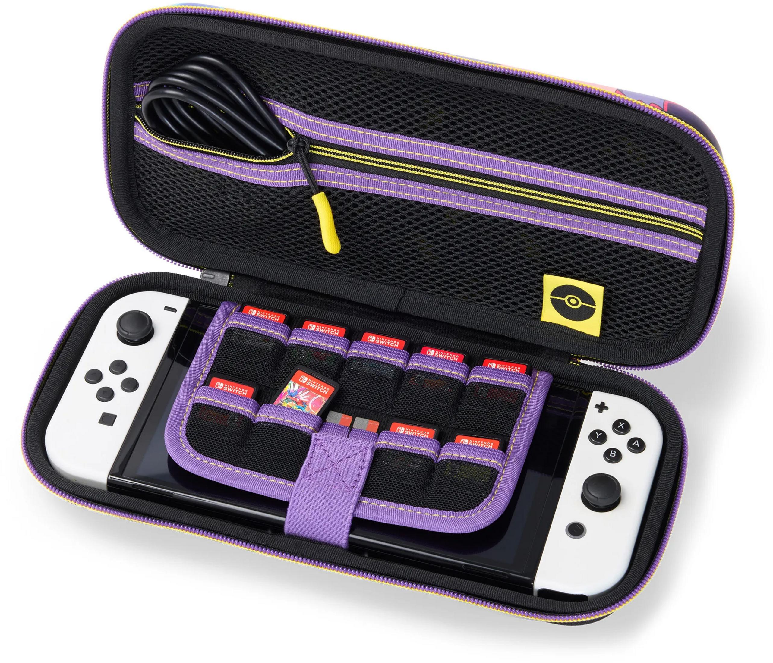 Custodia Nintendo Switch aperta con console, controller e giochi.
