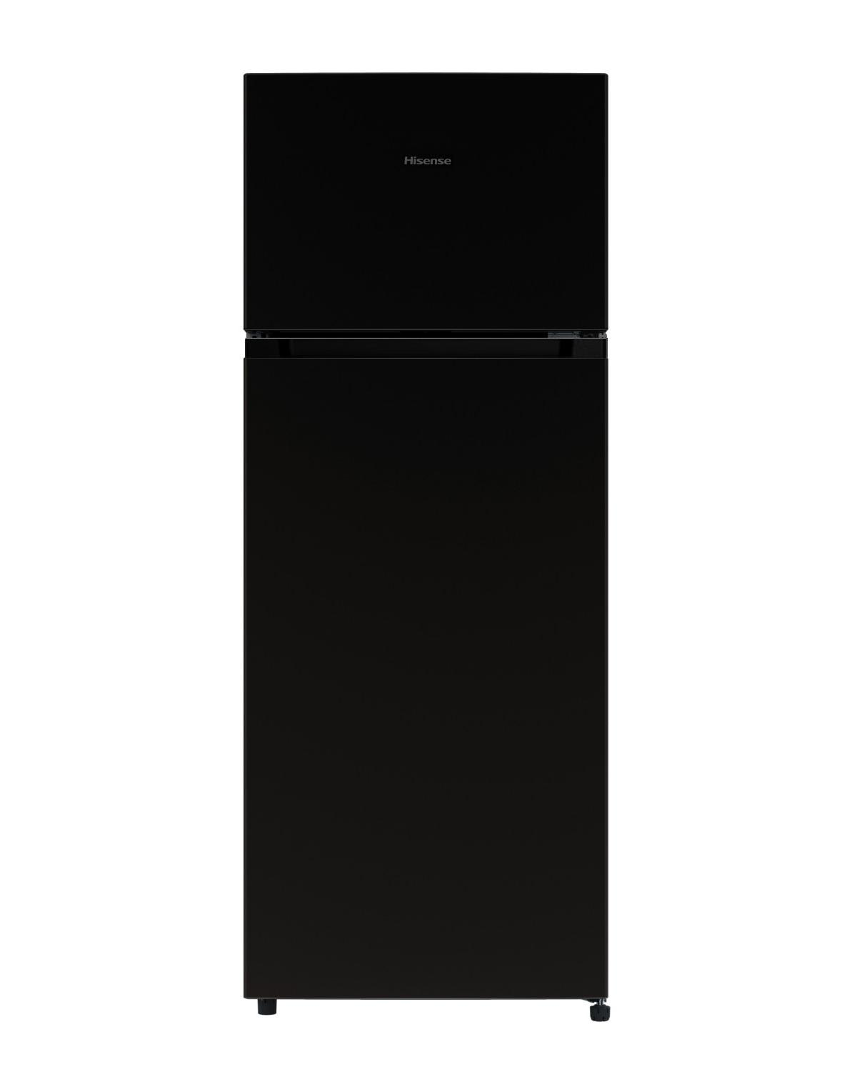 Czarna lodówka Hisense z zamrażarką na górze.
