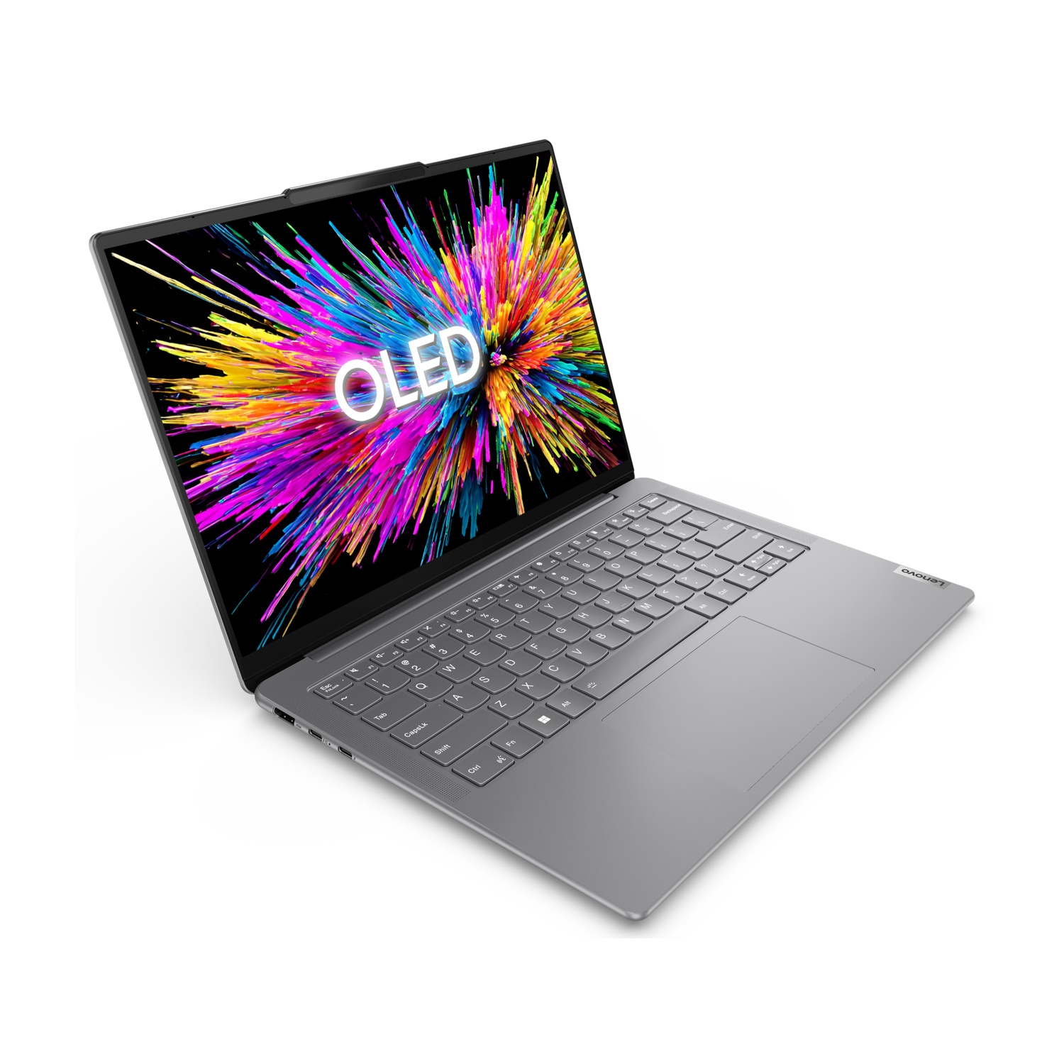Un laptop Lenovo argento con schermo astratto colorato e testo OLED.