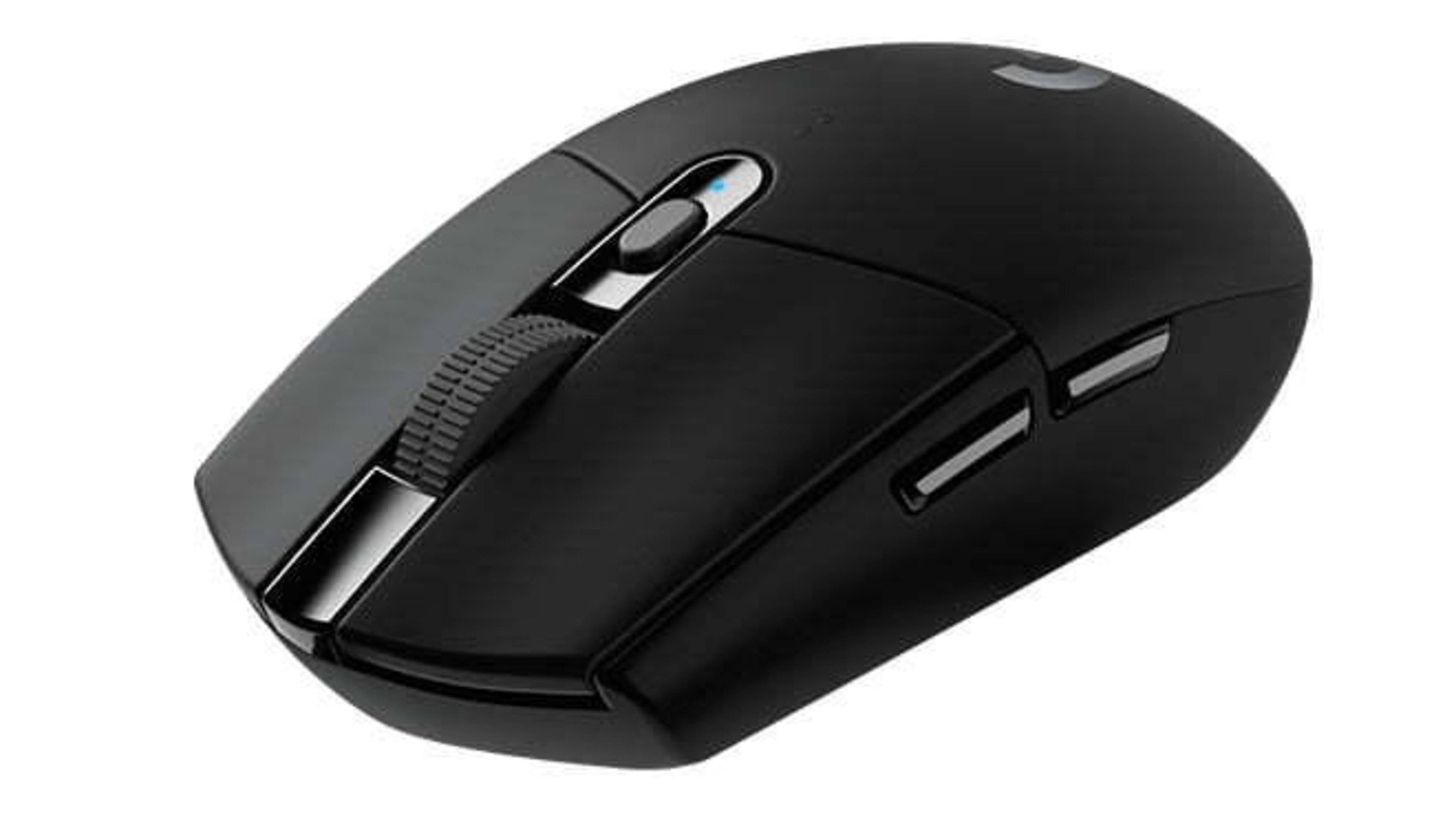 Czarna bezprzewodowa mysz gamingowa z kółkiem i niebieską diodą LED.