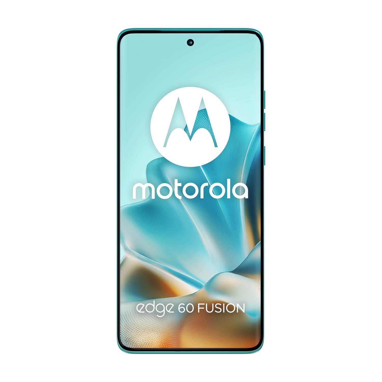 Uno smartphone Motorola Edge 60 Fusion turchese con logo Motorola sullo schermo.