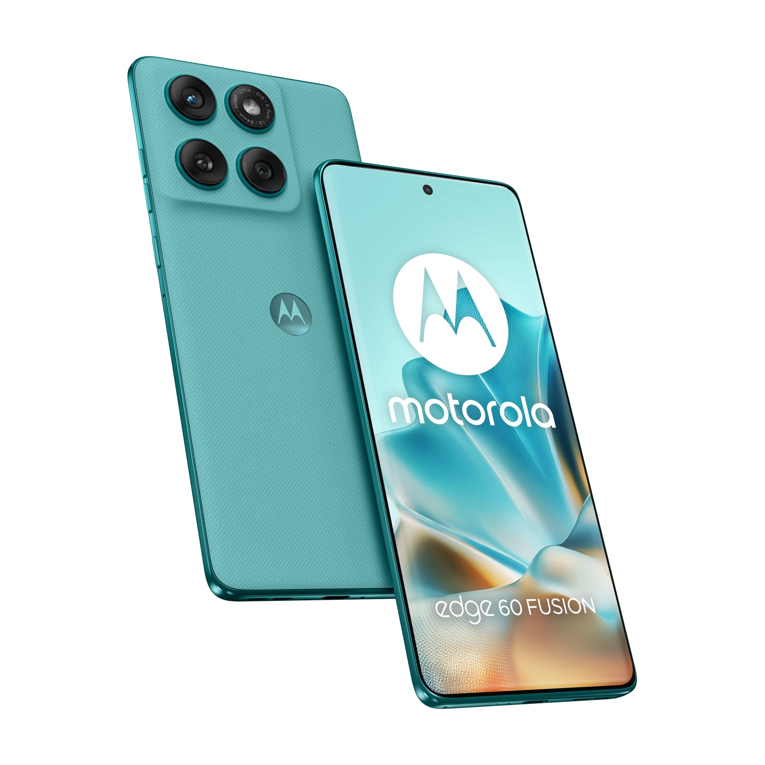 Uno smartphone Motorola Edge 60 Fusion turchese con tre fotocamere.