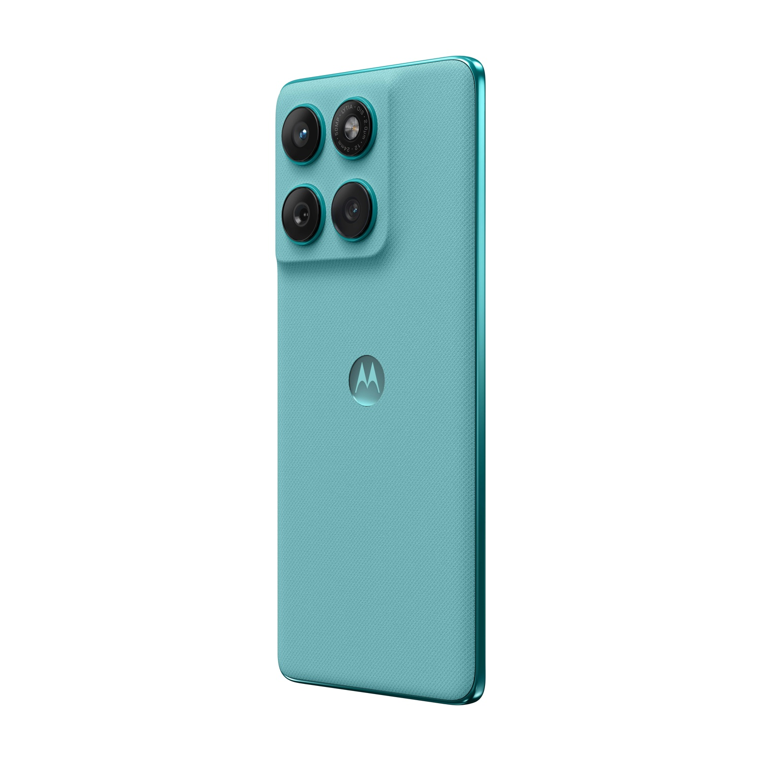 Smartphone color ottanio con quattro fotocamere e logo Motorola sul retro.