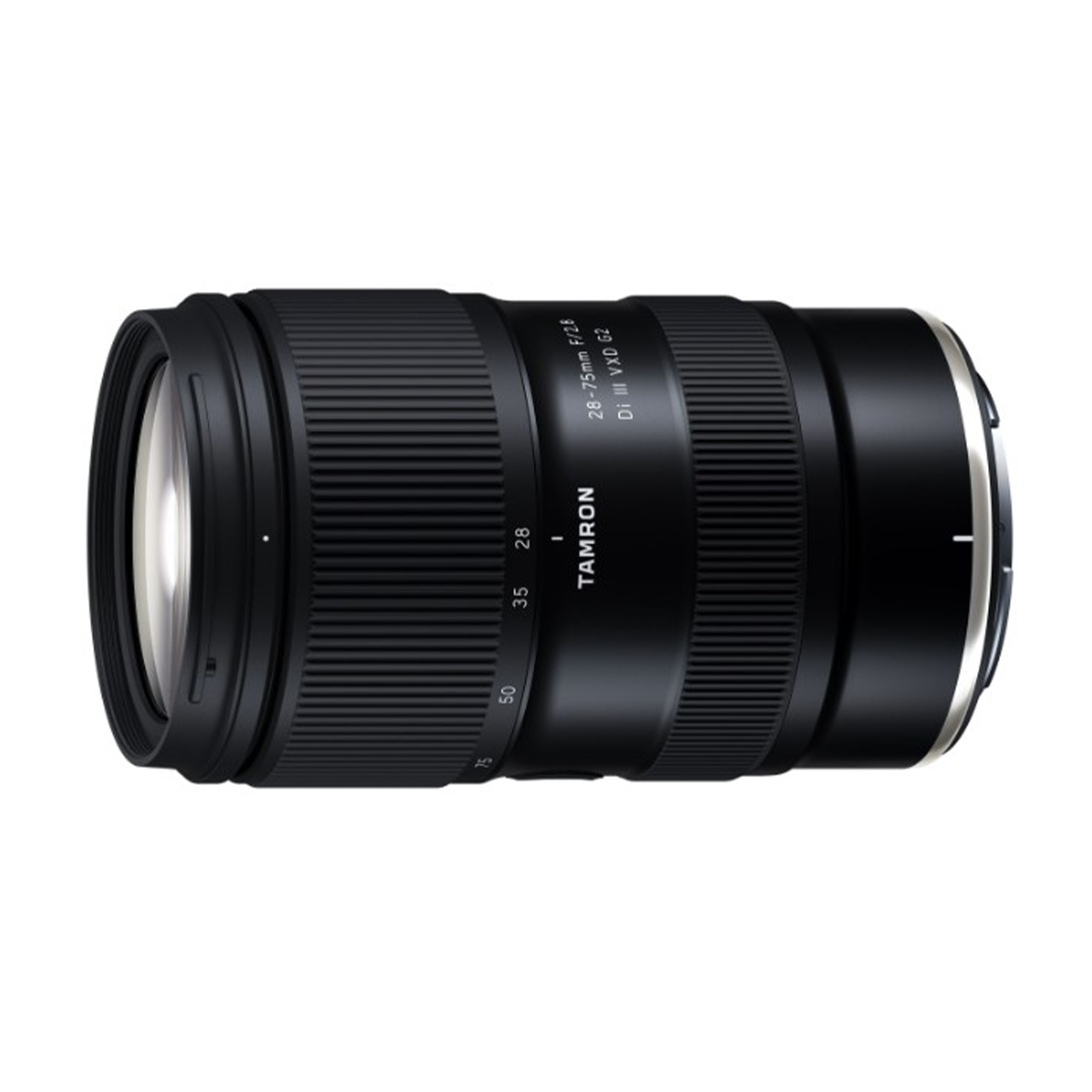 Un obiettivo Tamron nero 28-75mm F/2.8 Di III VXD G2 su sfondo bianco.