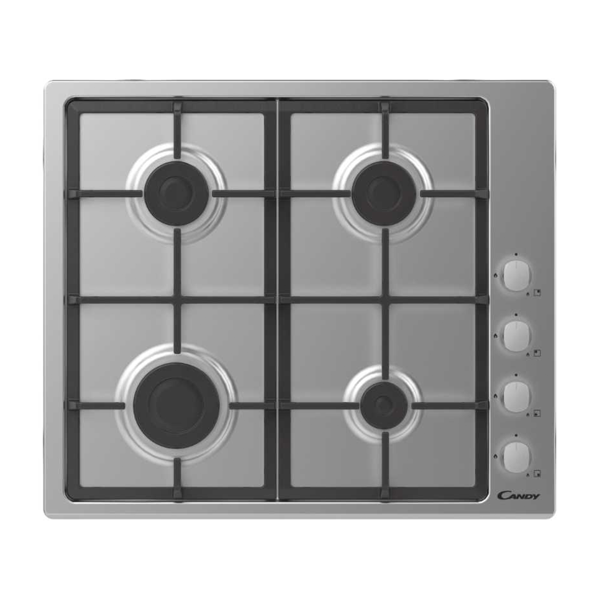 Srebrna kuchenka gazowa z czterema palnikami i pokrętłami.