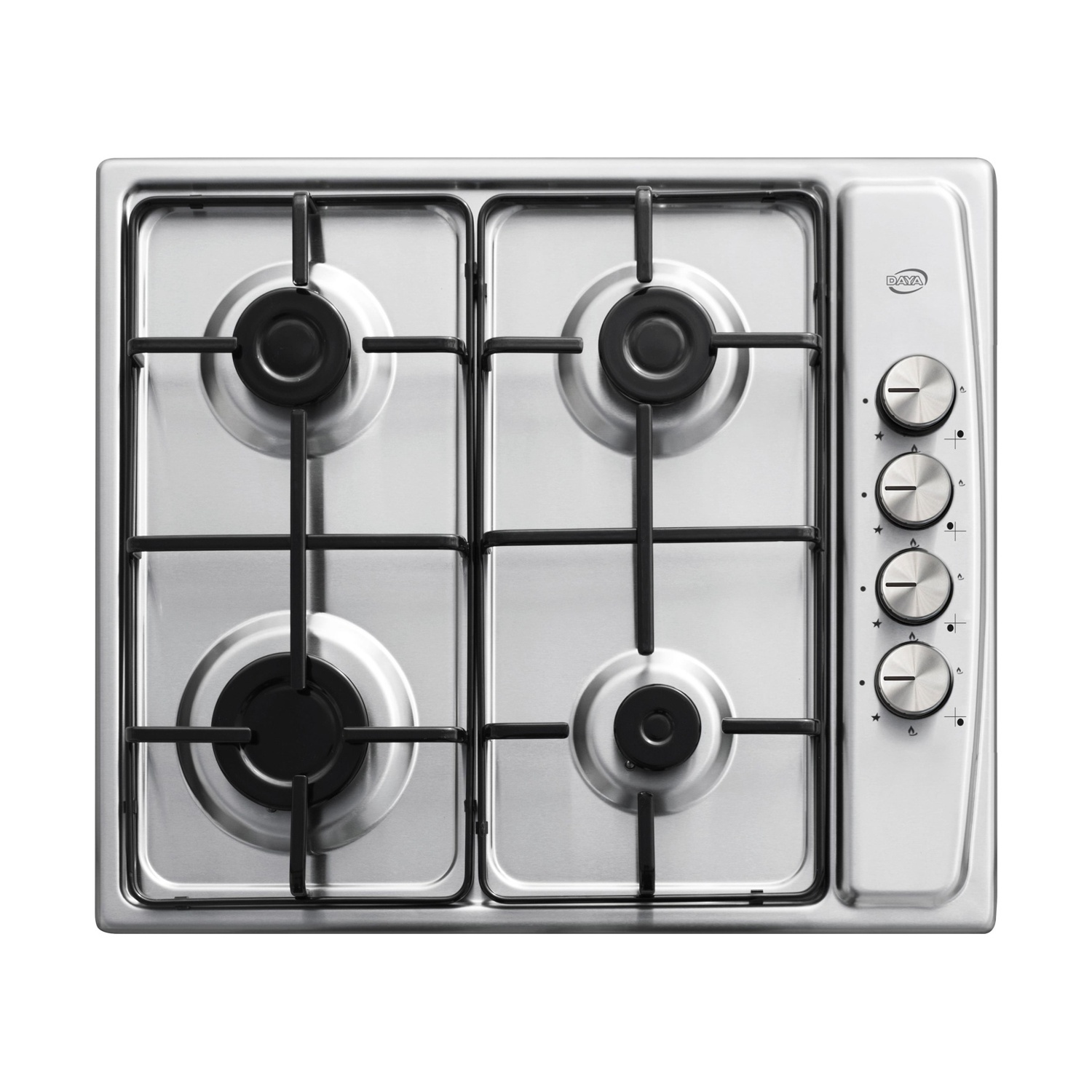 Stal nierdzewna płyta gazowa z czterema palnikami i pokrętłami po prawej stronie.