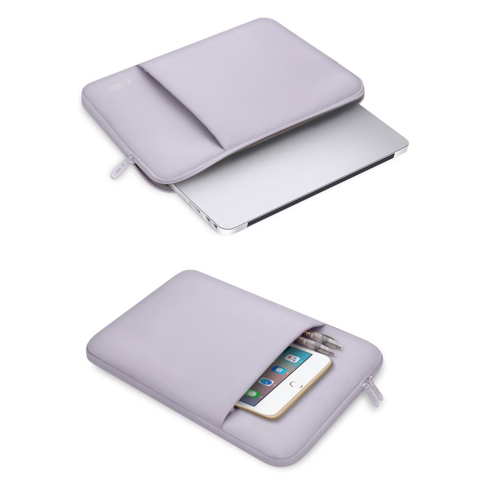 Ein graues Laptop-Etui mit einem Laptop und einem Smartphone darin.