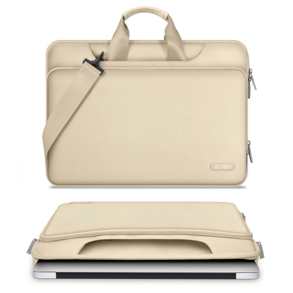Beige Laptoptasche mit Tragegriffen und Schultergurt, offen mit Laptop.