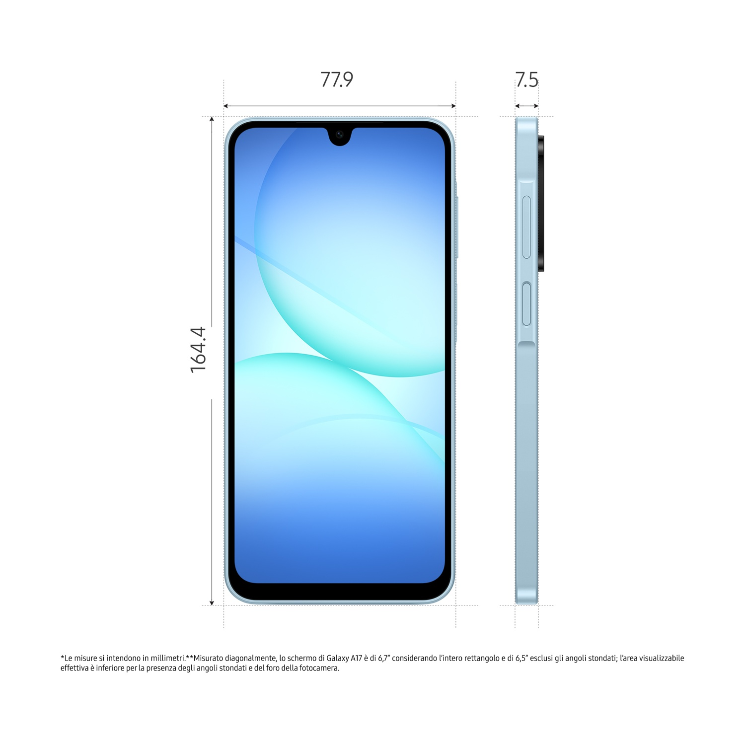 Jasnoniebieski smartfon pokazany z przodu i z boku z wymiarami.
