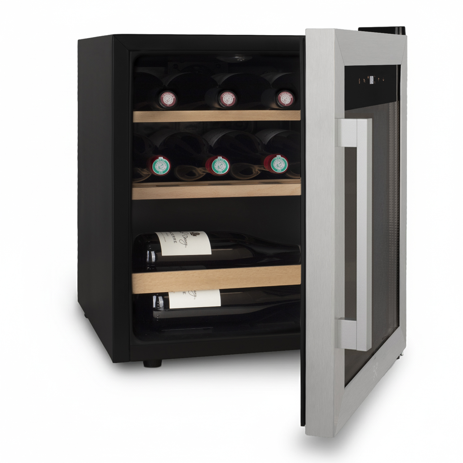 Ein offener Weinkühlschrank aus Edelstahl und Schwarz mit Holzböden und Weinflaschen.