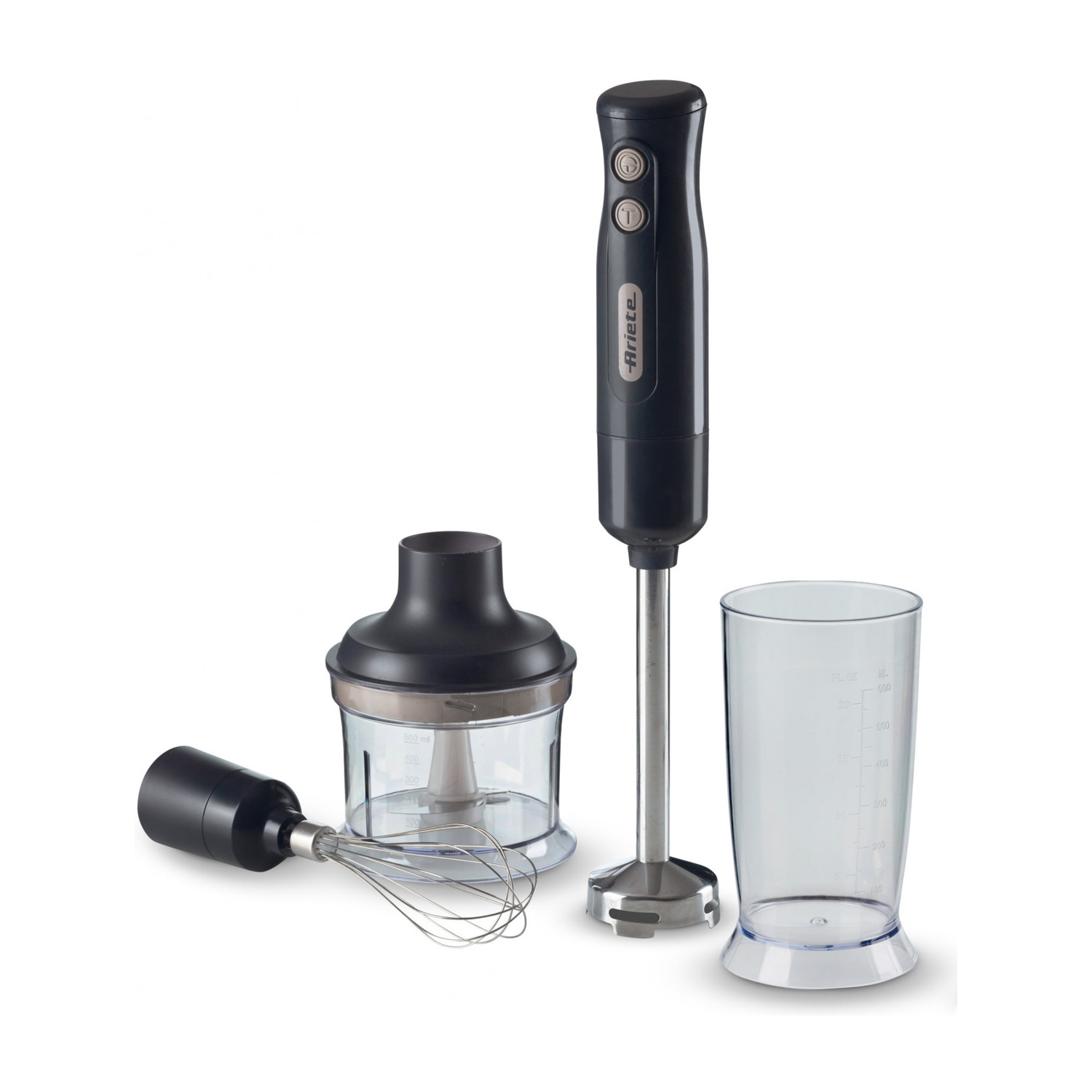 Czarny blender ręczny z akcesoriami: kubek, siekacz i trzepaczka.