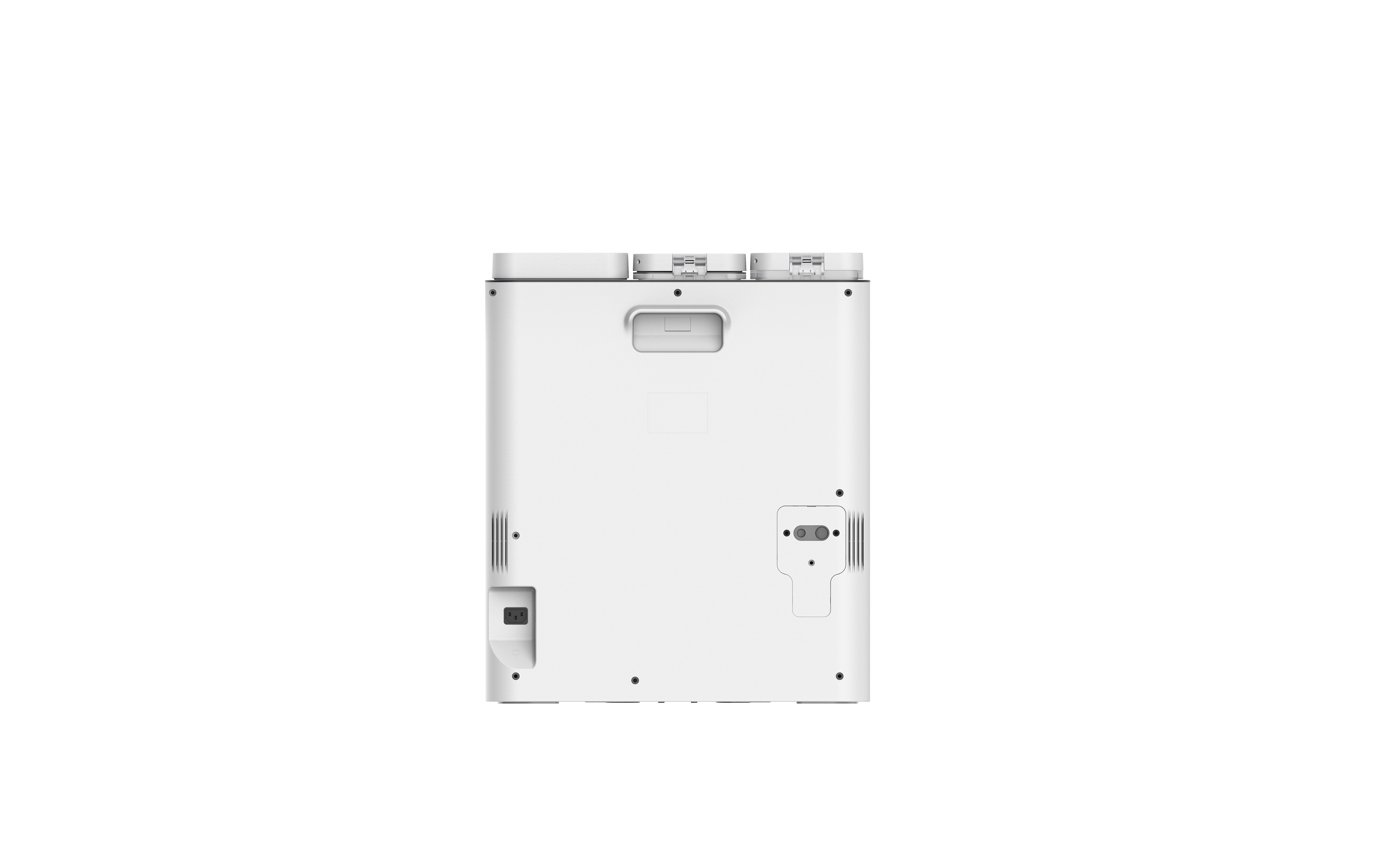 Biała stacja ładująca robota z dwoma okrągłymi stykami ładującymi na górze.