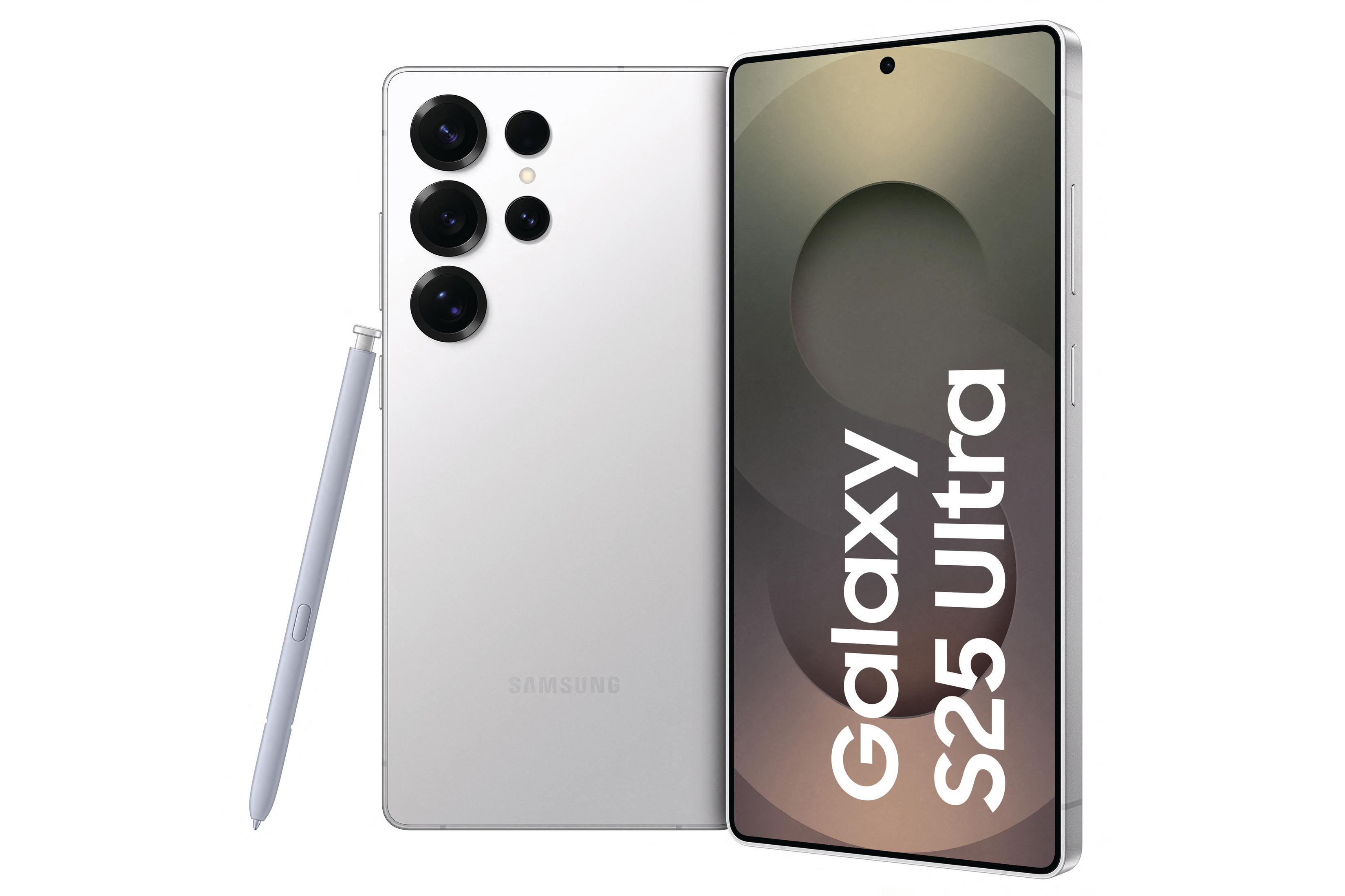 Srebrny Samsung Galaxy S25 Ultra ze stylusem, na białym tle.