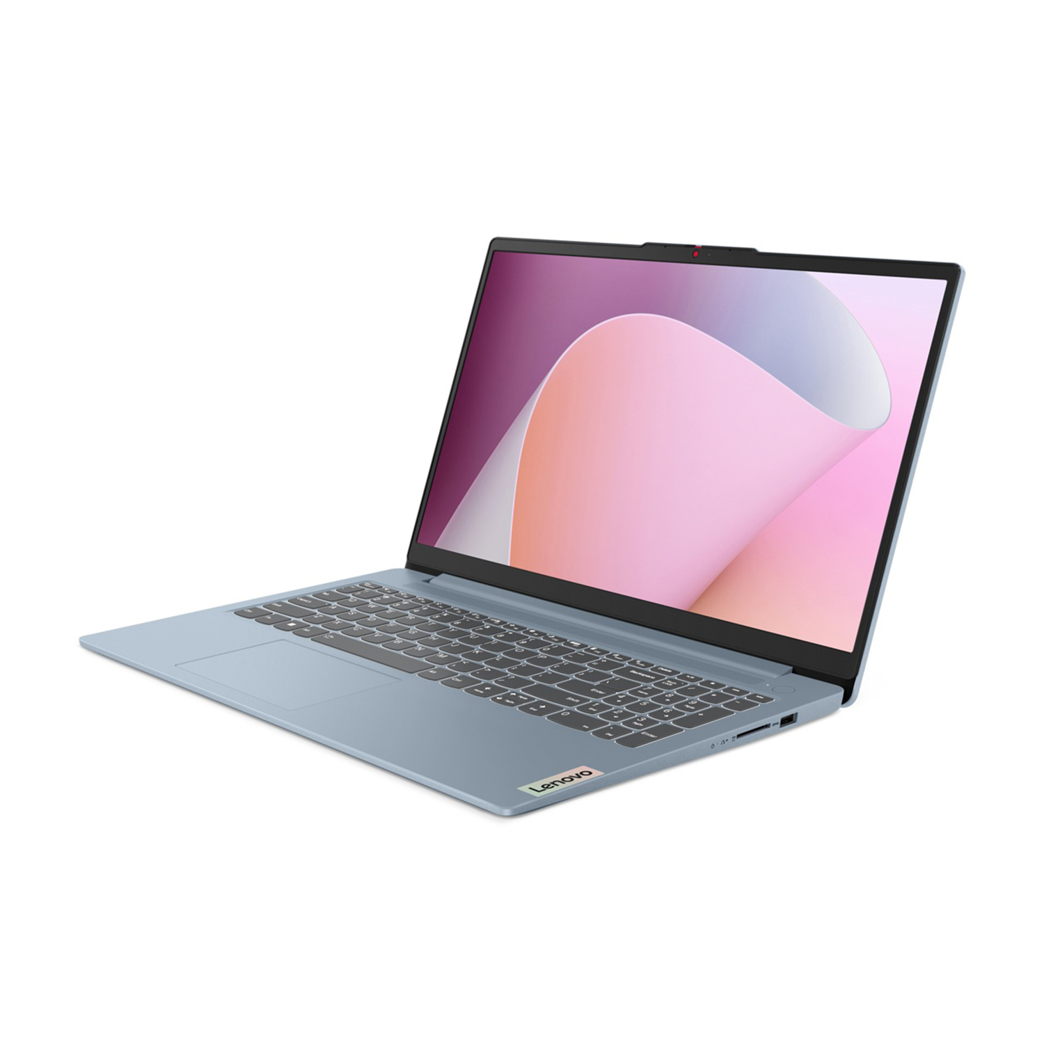 Un laptop Lenovo azzurro è aperto, mostra uno sfondo astratto rosa e viola sullo schermo.