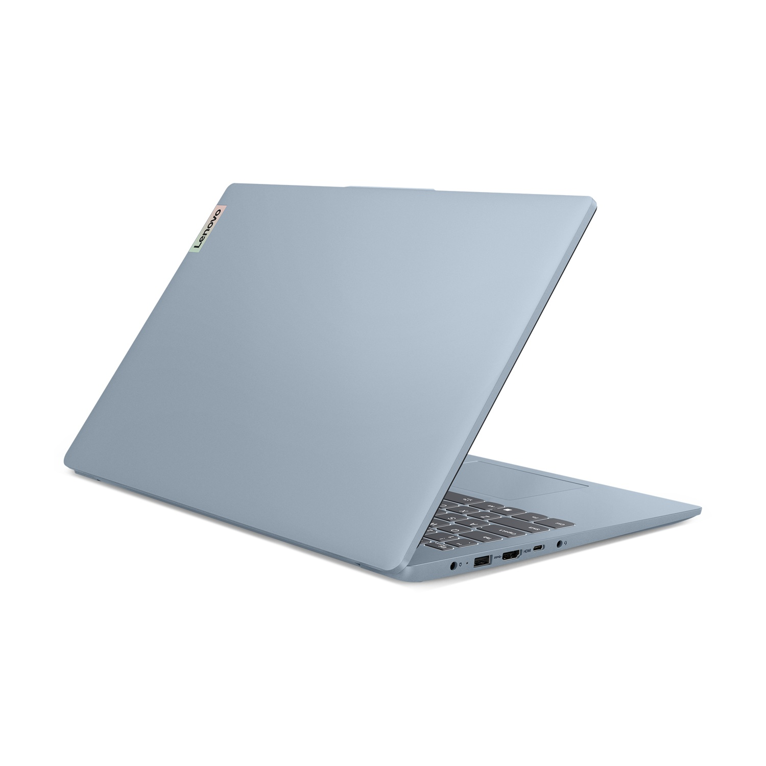 Un laptop Lenovo azzurro è aperto, mostrando tastiera e porte.