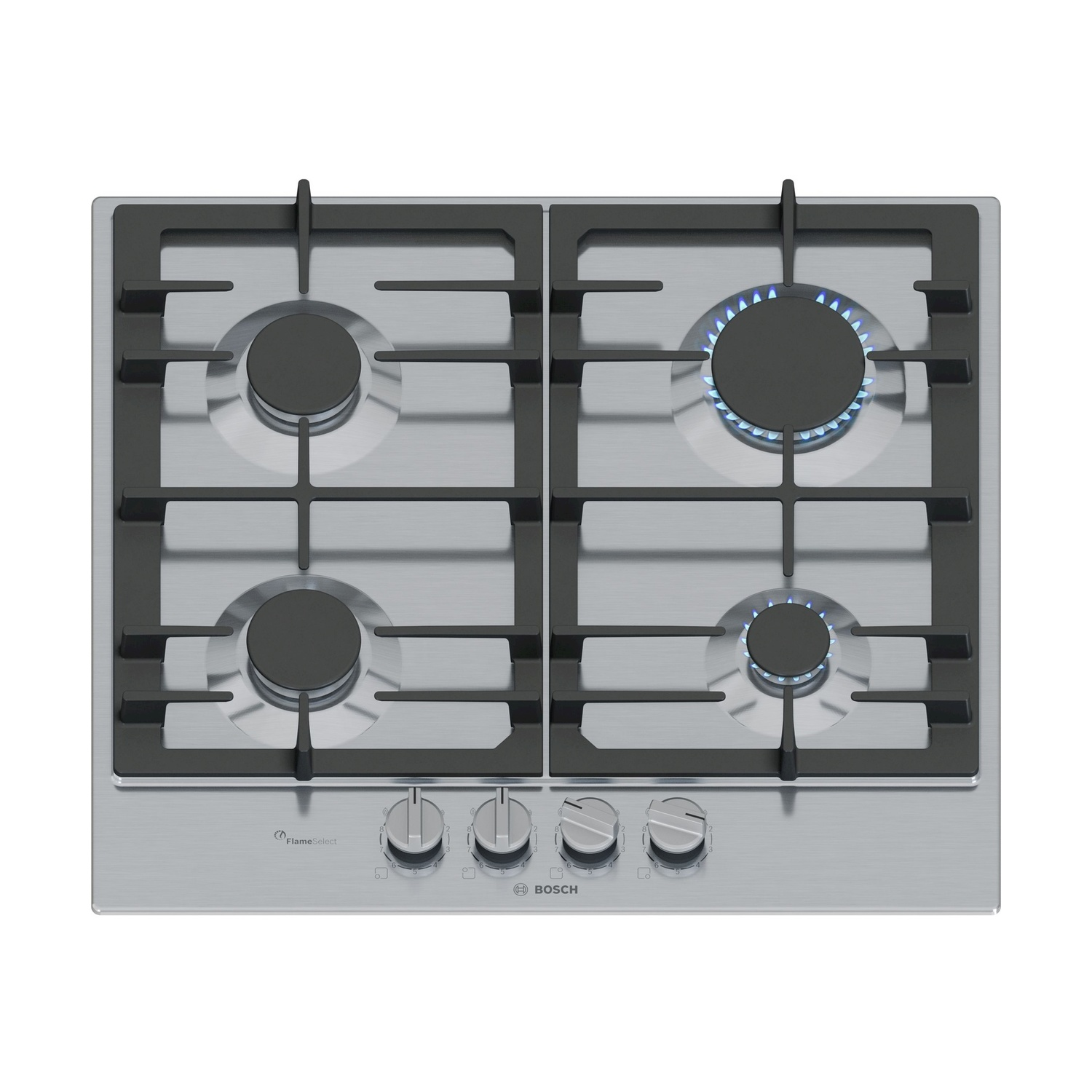 Stal nierdzewna płyta gazowa z czterema palnikami, dwa z niebieskimi płomieniami.