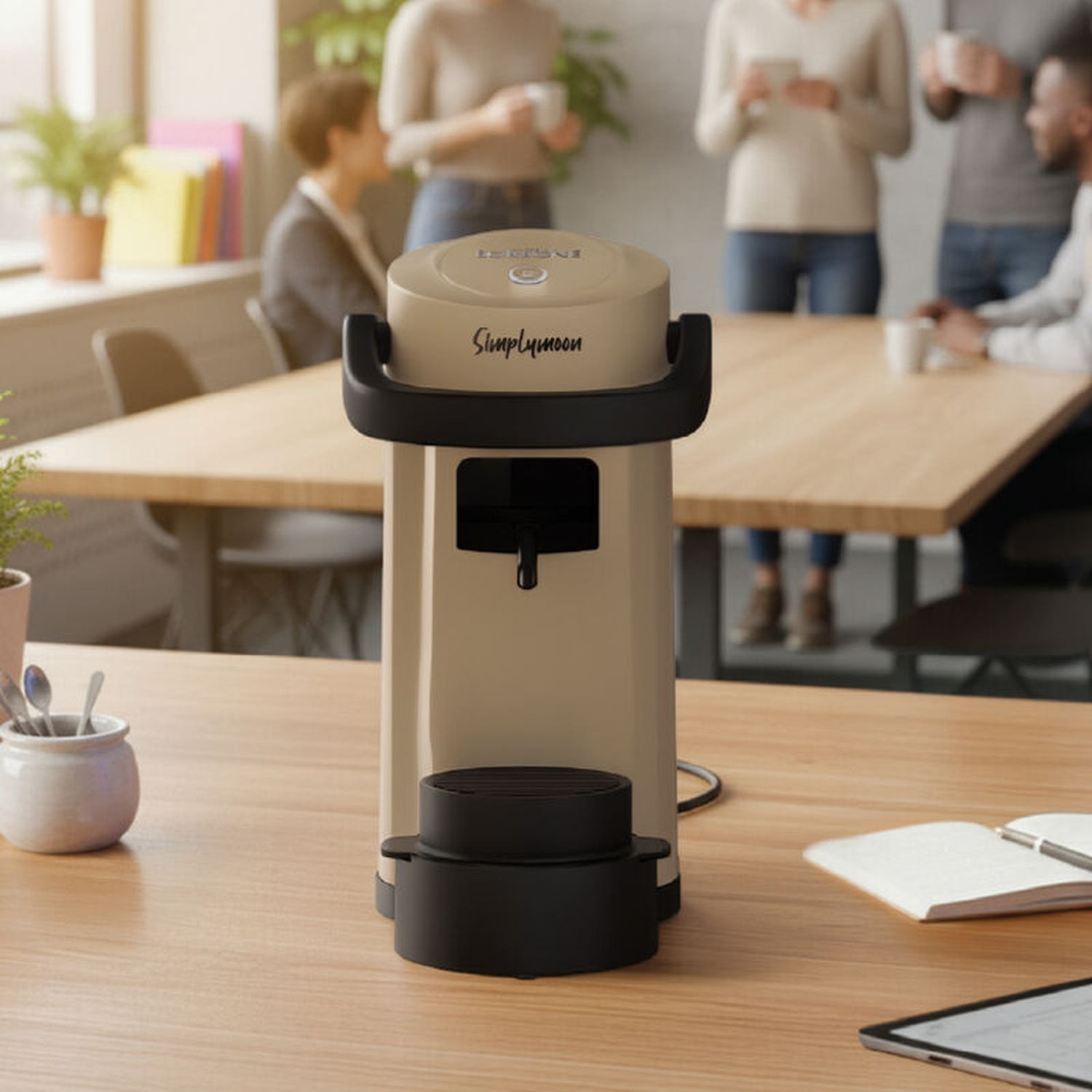Beigefarbene Kaffeemaschine steht auf einem Holztisch mit Löffeln und Notizbuch.